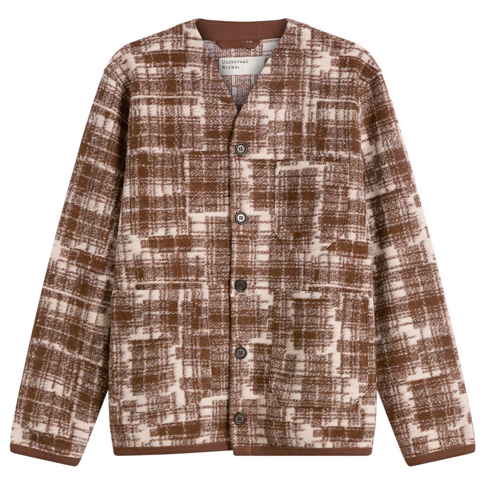Universal Works — Universal Works Men's Patch Check Fleece Cardigan in Sand, Size X-Large