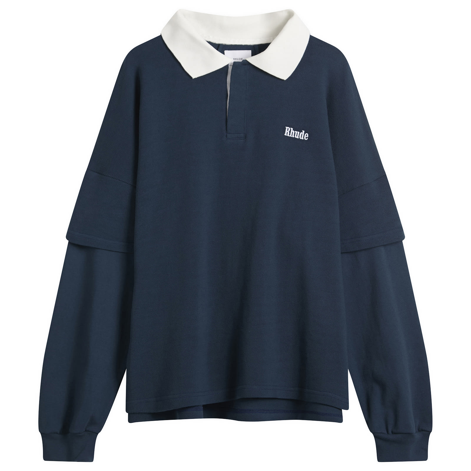 Rhude Men’s Striped Layered Long Sleeve Pique Polo Dark Navy / White