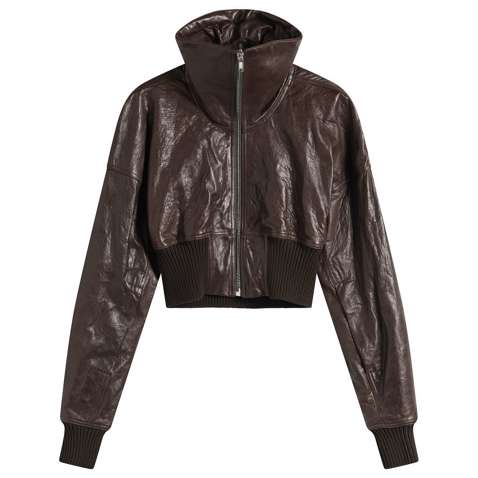 Rick Owens Women's Cropped Leather Bomber Jacket in Grease, Size IT 40