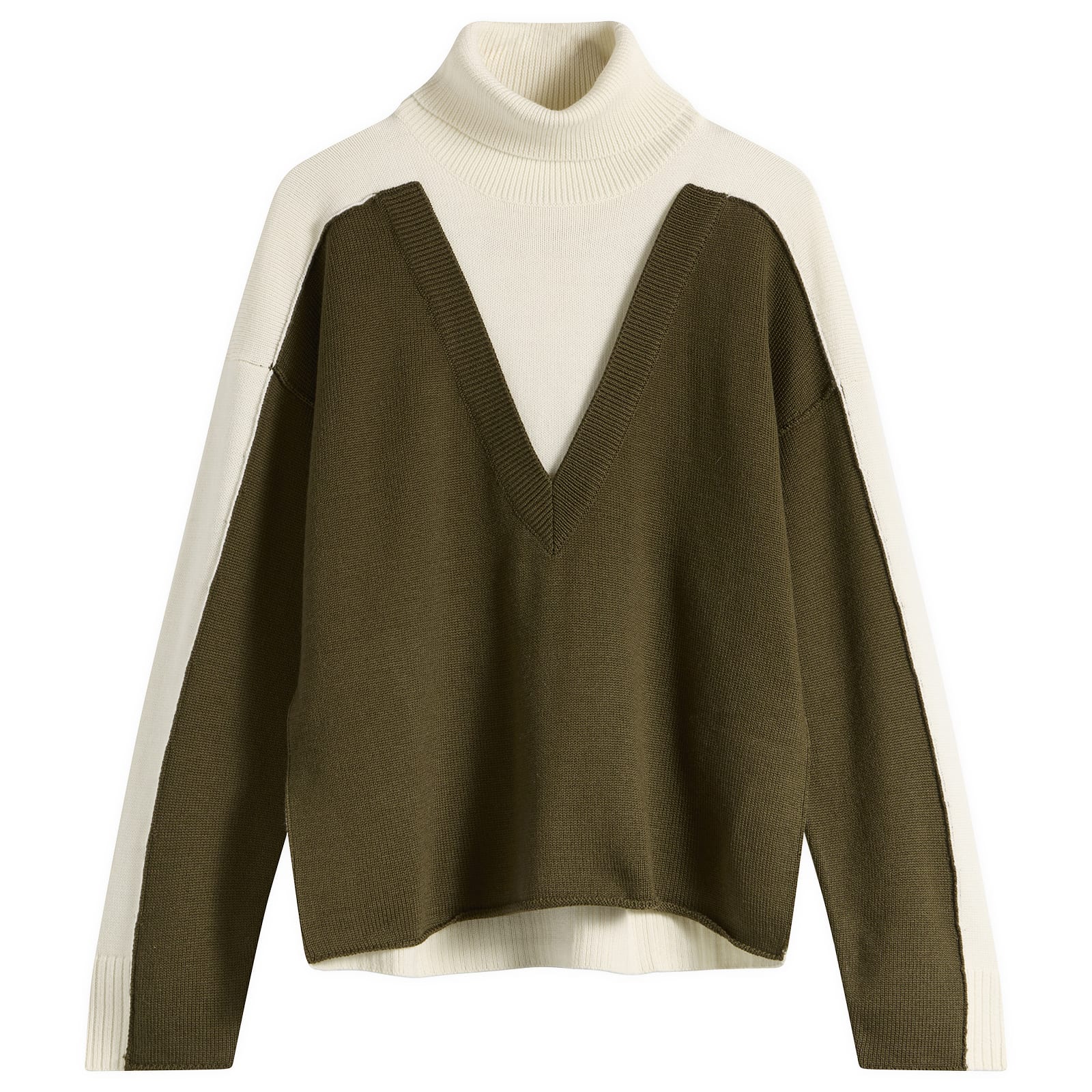 MM6 Maison Margiela Women's V-Neck Knitted Double Layer Jumper in Off White/Khaki, Size Large
