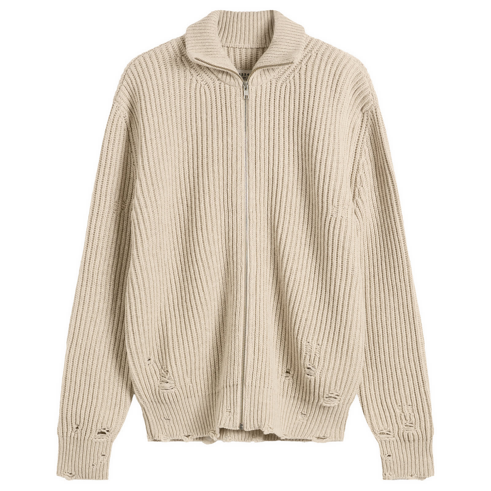 MM6 Maison Margiela Men's Distressed Rib Zip Through in Beige Melange, Size Small