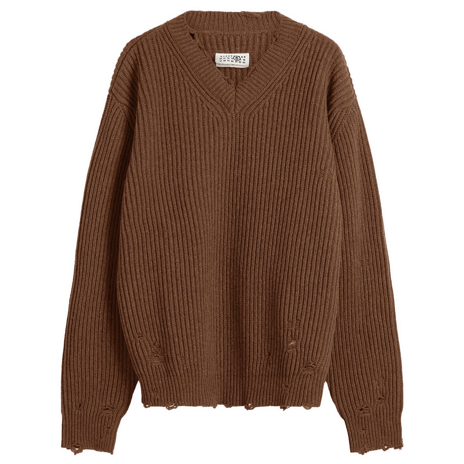 MM6 Maison Margiela Men's Wool Blend V-Neck Jumper in Brown Melange, Size Large