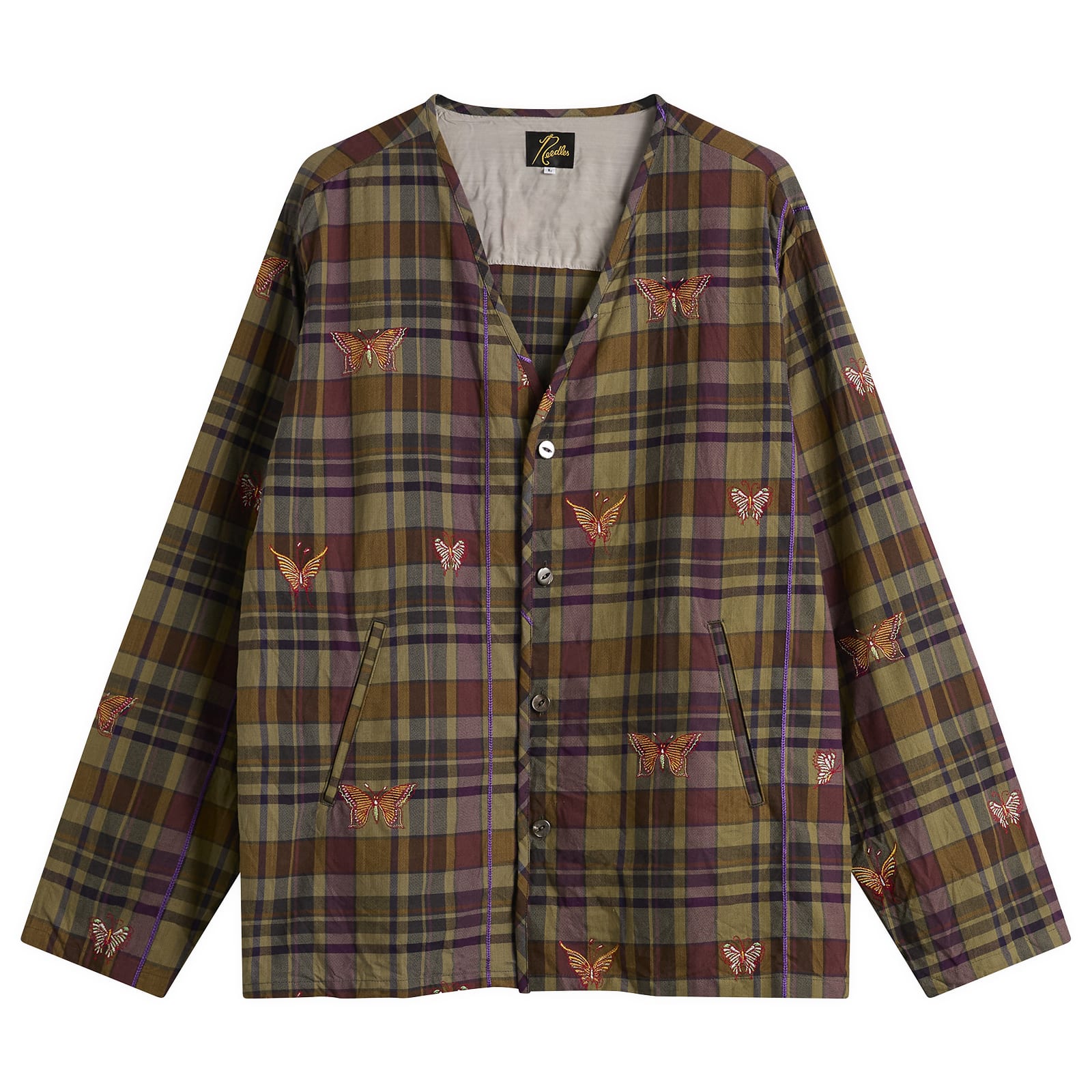 Needles Men’s Embroidered Madras Plaid Cardigan Brown
