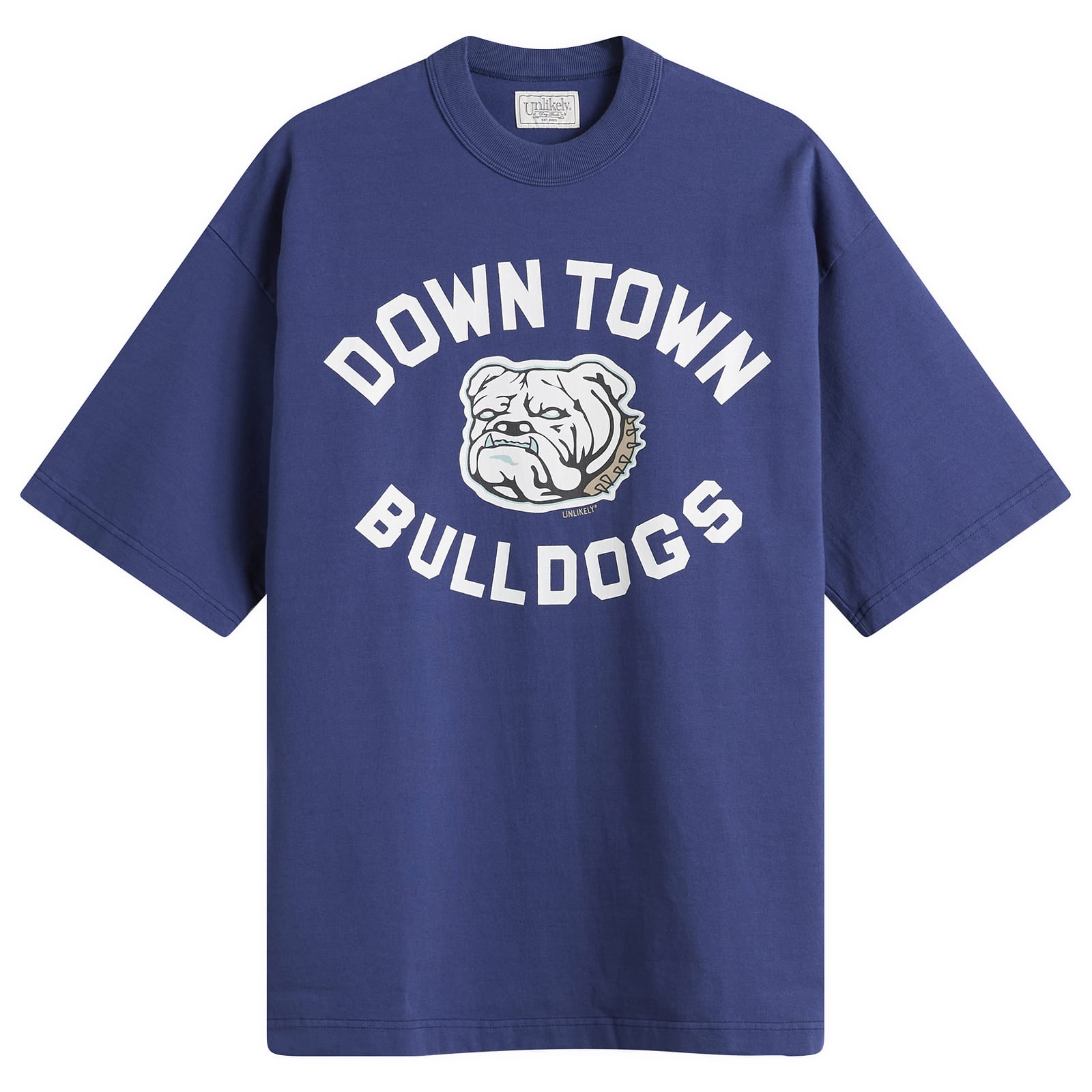Unlikely Dry Goods — Unlikely Dry Goods Men's "BULLDOGS" Graphic T-Shirt in Blue, Size Small