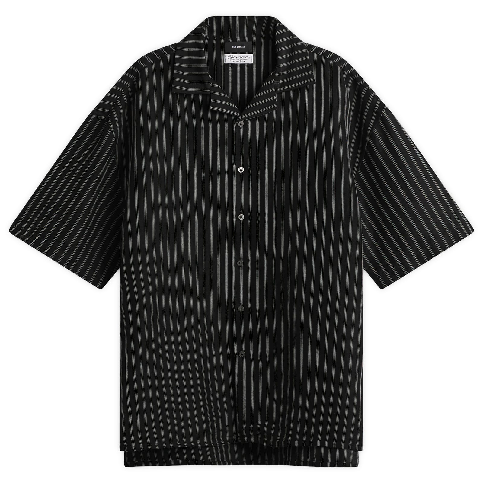 Willy Chavarria — Willy Chavarria Men's Camp Collar Pinstripe Shirt in Black/White Stripe, Size Large