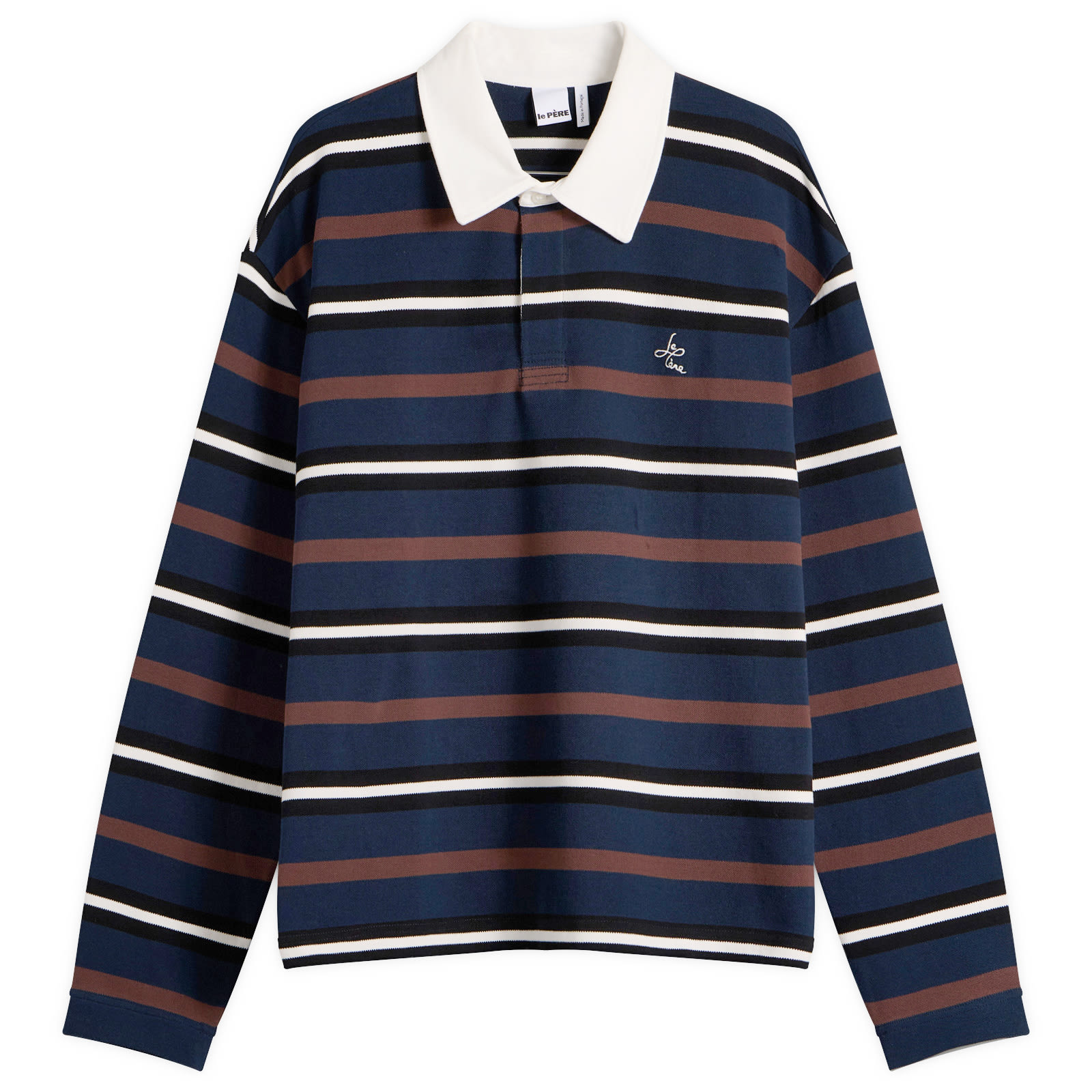 le PÈRE — Le Père Men's Long-Sleeve Rugby Polo in Brown Multi Stripe, Size X-Large