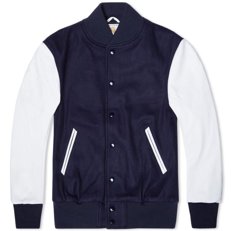 Golden Bear Sportswear Leather Sleeve Melton Wool Varsity Jacket Golden Bear Sportswear Leather Sleeve Melton Wool Varsity Jacket Navy White 1