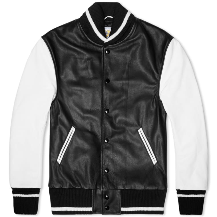 Golden Bear Sportswear Single Stripe Shawl Collar Leather Varsity Golden Bear Sportswear Single Stripe Shawl Collar Leather Varsity Jacket Black White 1