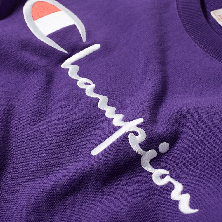 Champion script logo violet crew neck sweatshirt Clearance