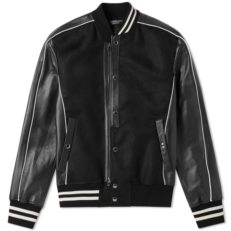 Alexander Mcqueen Leather Sleeve Varsity Jacket Black Off White Alexander Mcqueen Leather Sleeve Varsity Jacket Black Off White 1