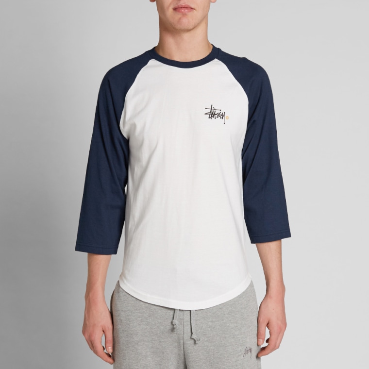 Stussy Basic Logo Raglan White Navy Yellow End stussy basic logo raglan white navy yellow end
