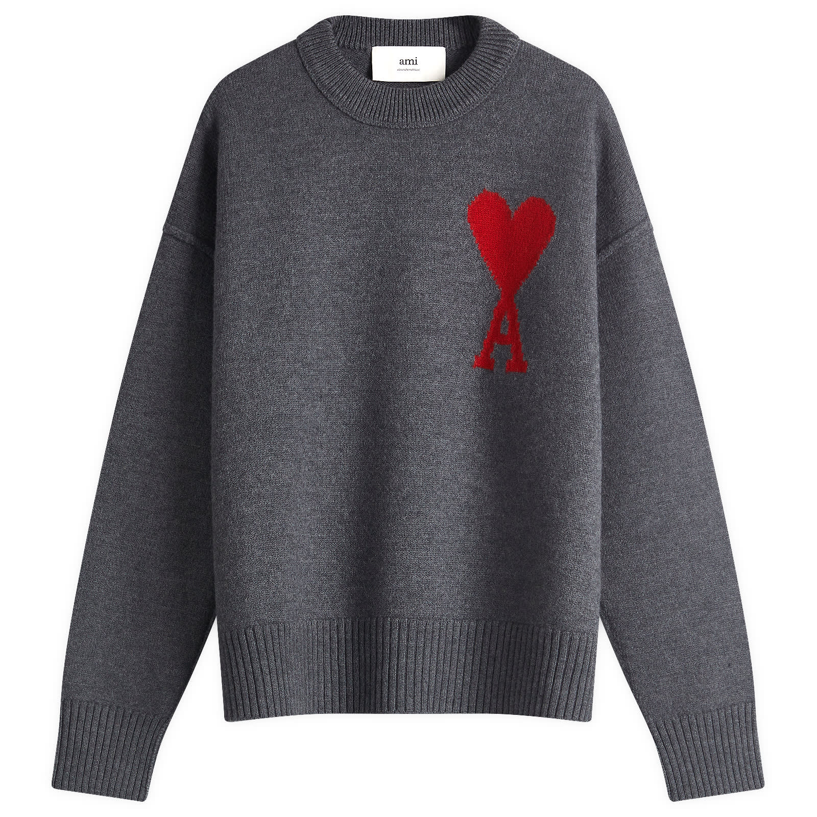 AMI Paris Large A Heart Crew Knit - Heather Grey & Red