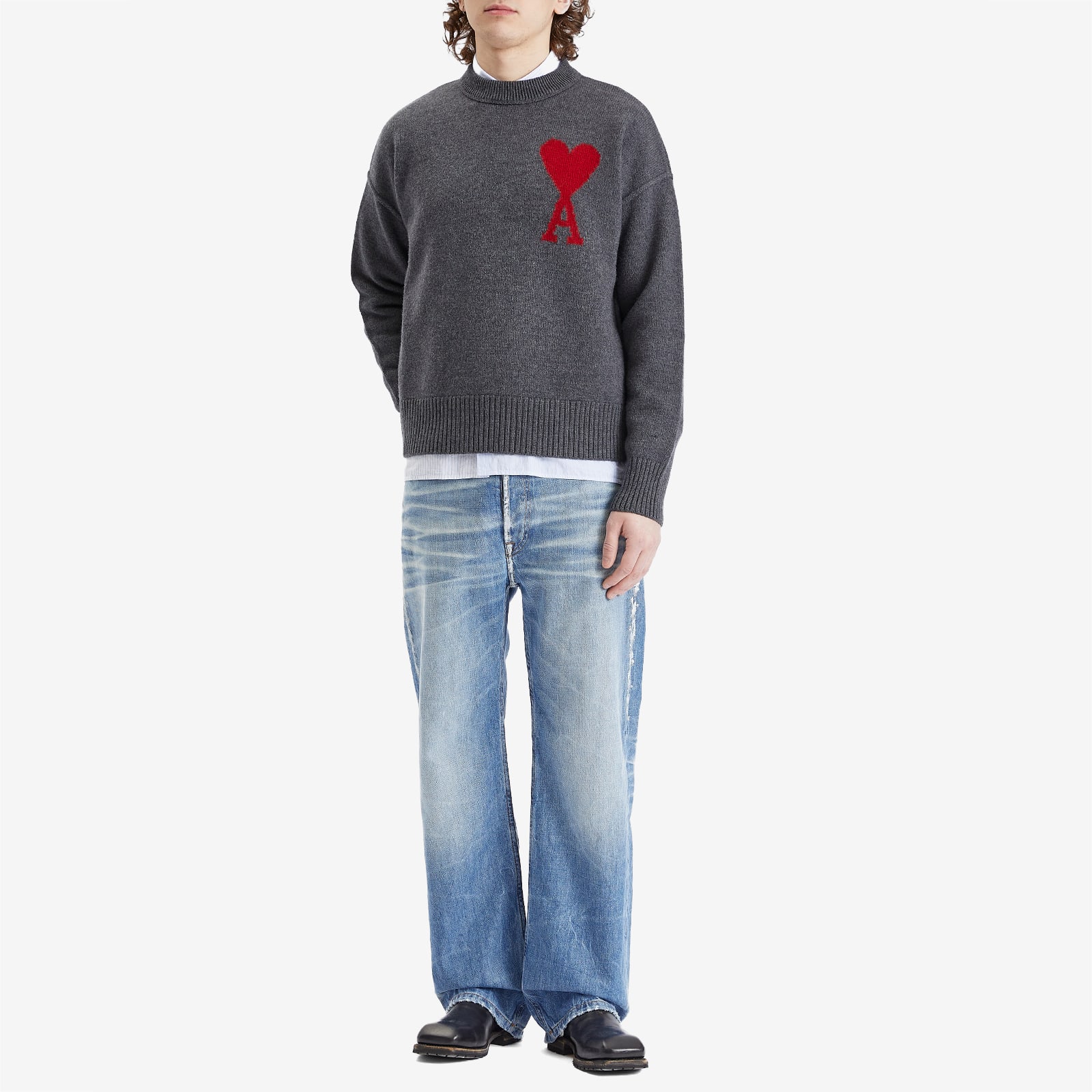AMI Paris Large A Heart Crew Knit - Heather Grey & Red