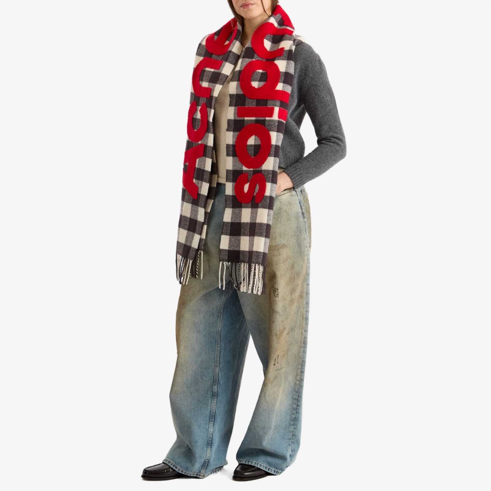Acne Studios Veda Logo Check Scarf - Carbon Grey & Red
