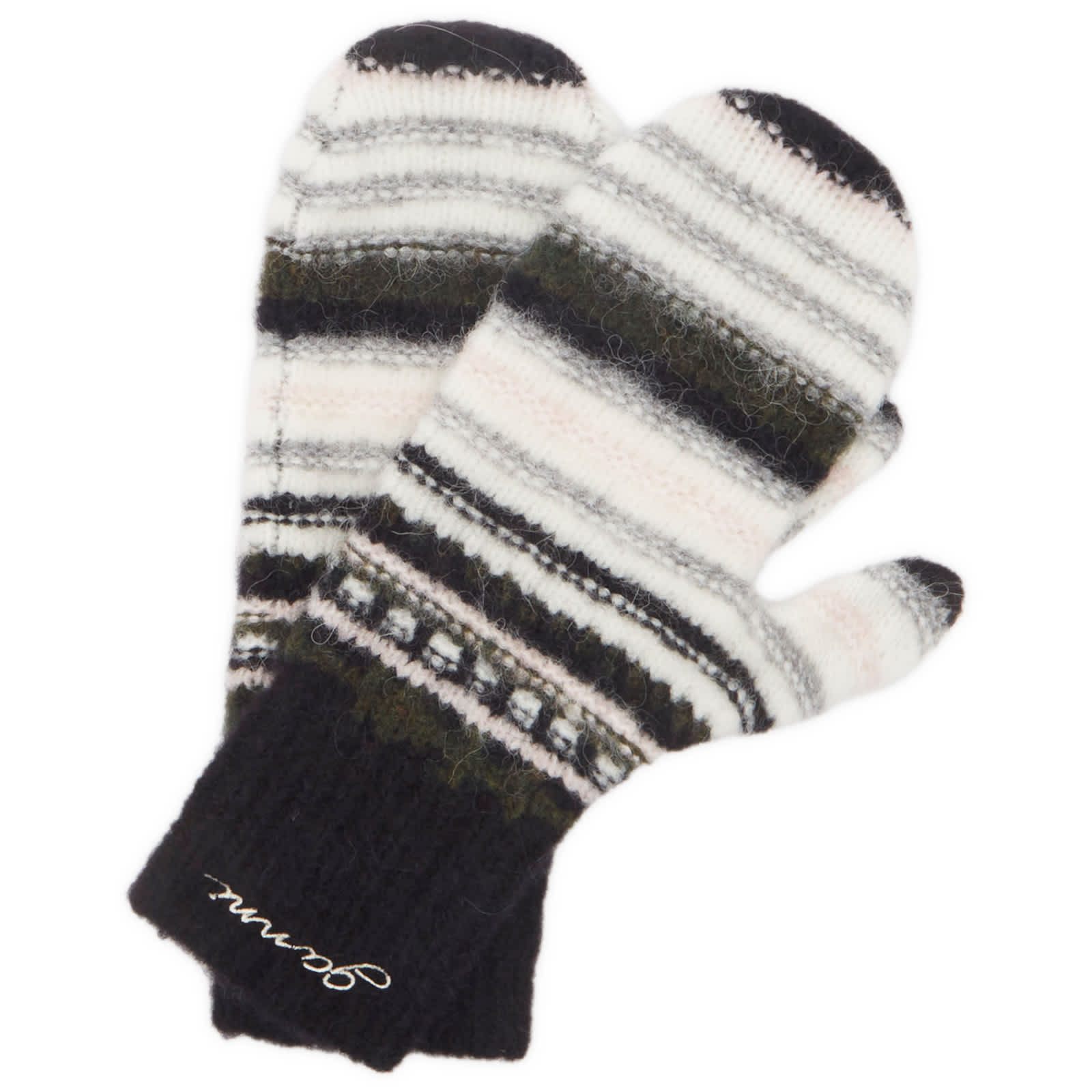 Ganni Striped Soft Wool Mittens - Black