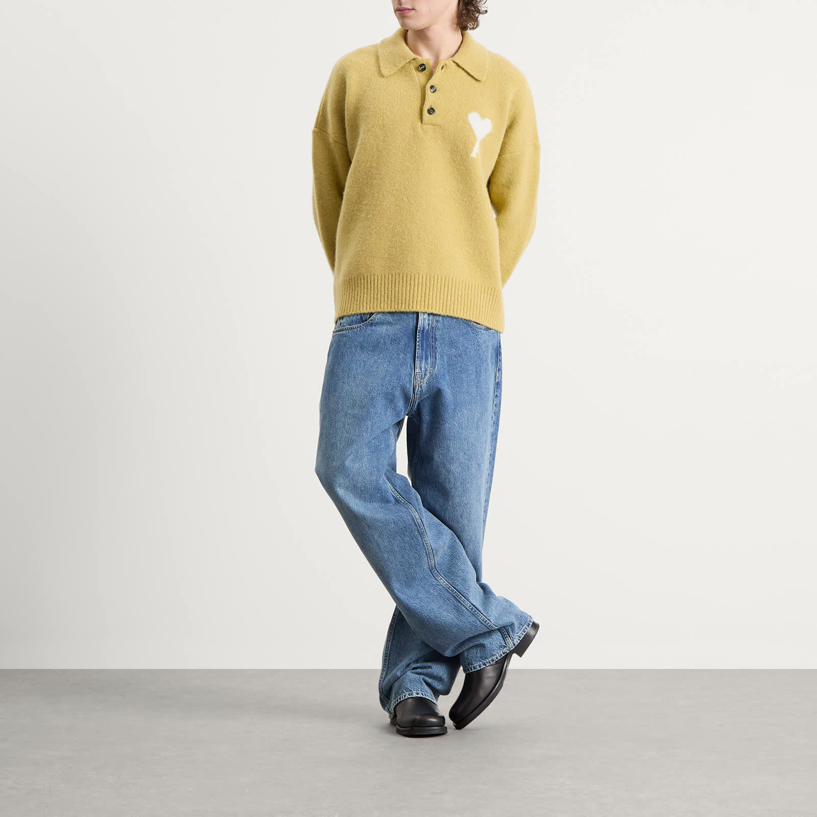 AMI Paris Alpaca Knit Polo - Anis/Ecru