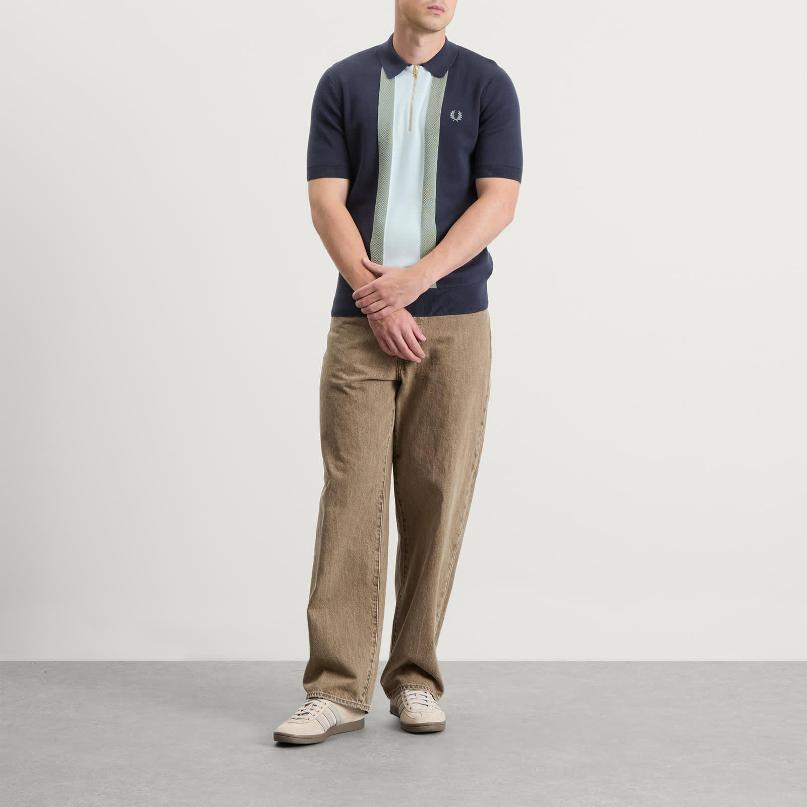 Fred Perry Textured Stripe Knitted Zip Polo Shirt - Dark Airforce