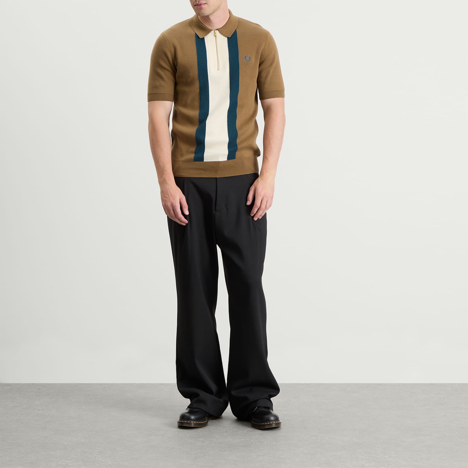 Fred Perry Textured Stripe Knitted Zip Polo Shirt - Shaded Stone