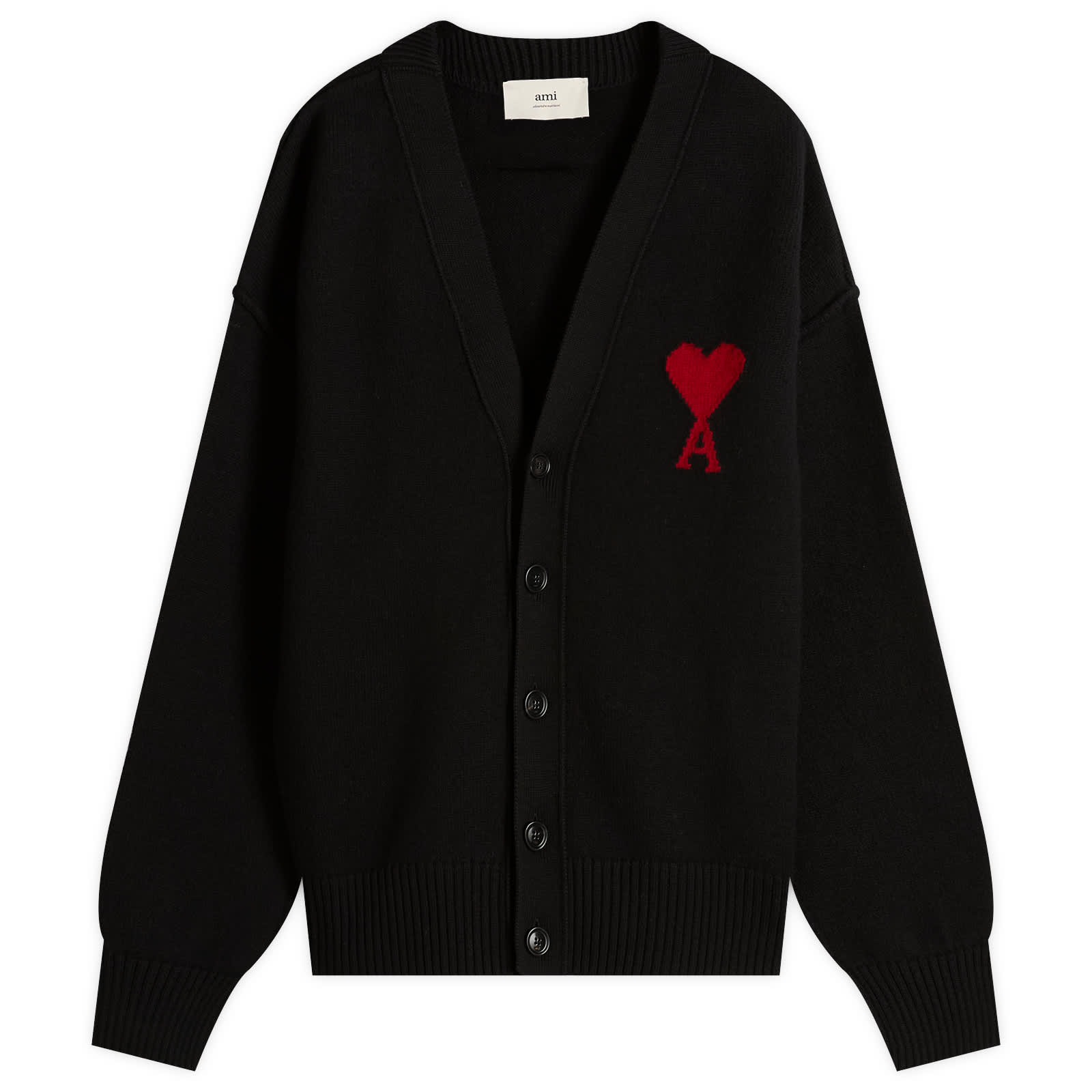 AMI Paris Felted Merino Wool Knit ADC Cardigan - Noir/Rouge