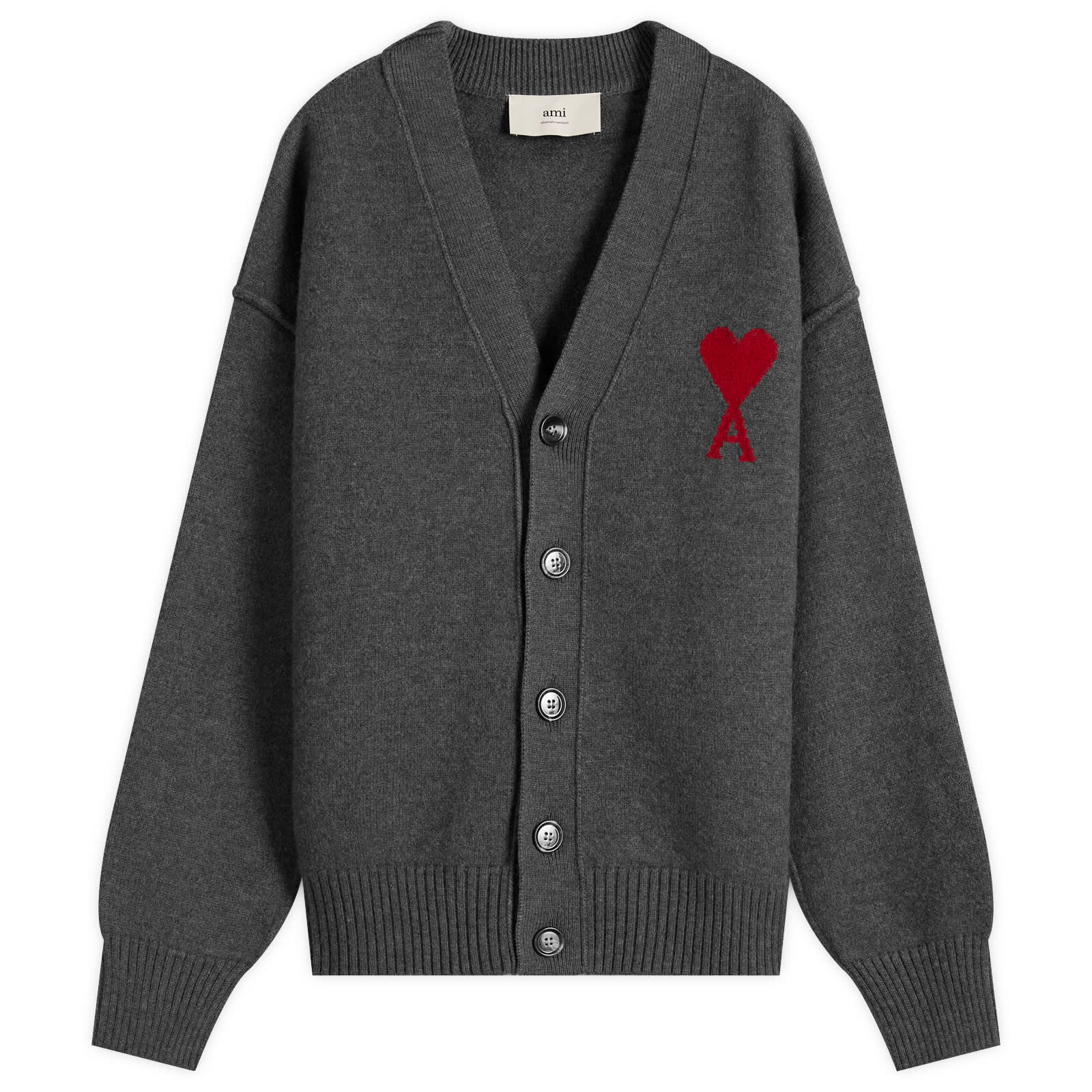 AMI Paris Felted Merino Wool Knit ADC Cardigan - Gris Chine / Rouge