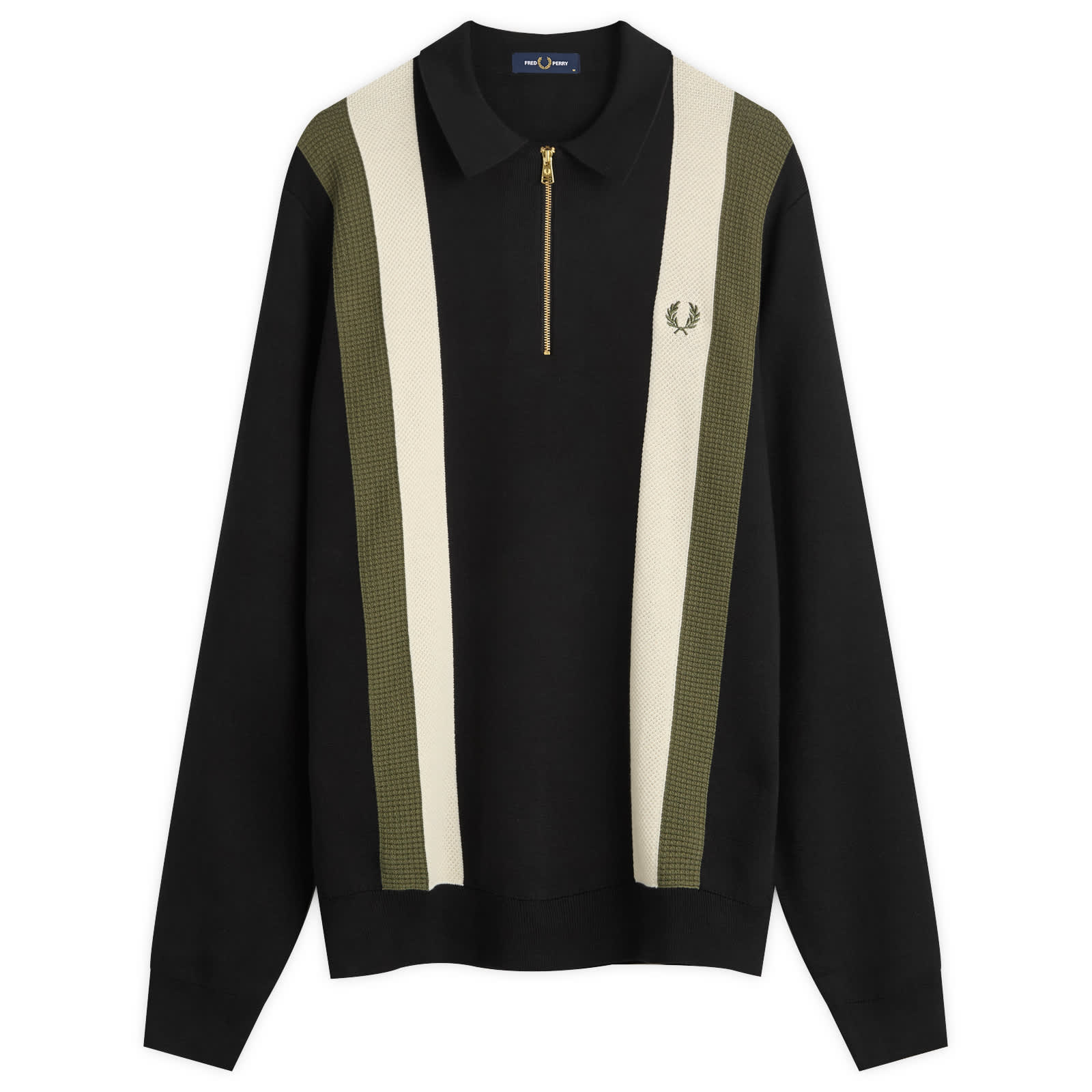 Fred Perry Textured Knitted Long Sleeve Zip Polo Shirt - Black