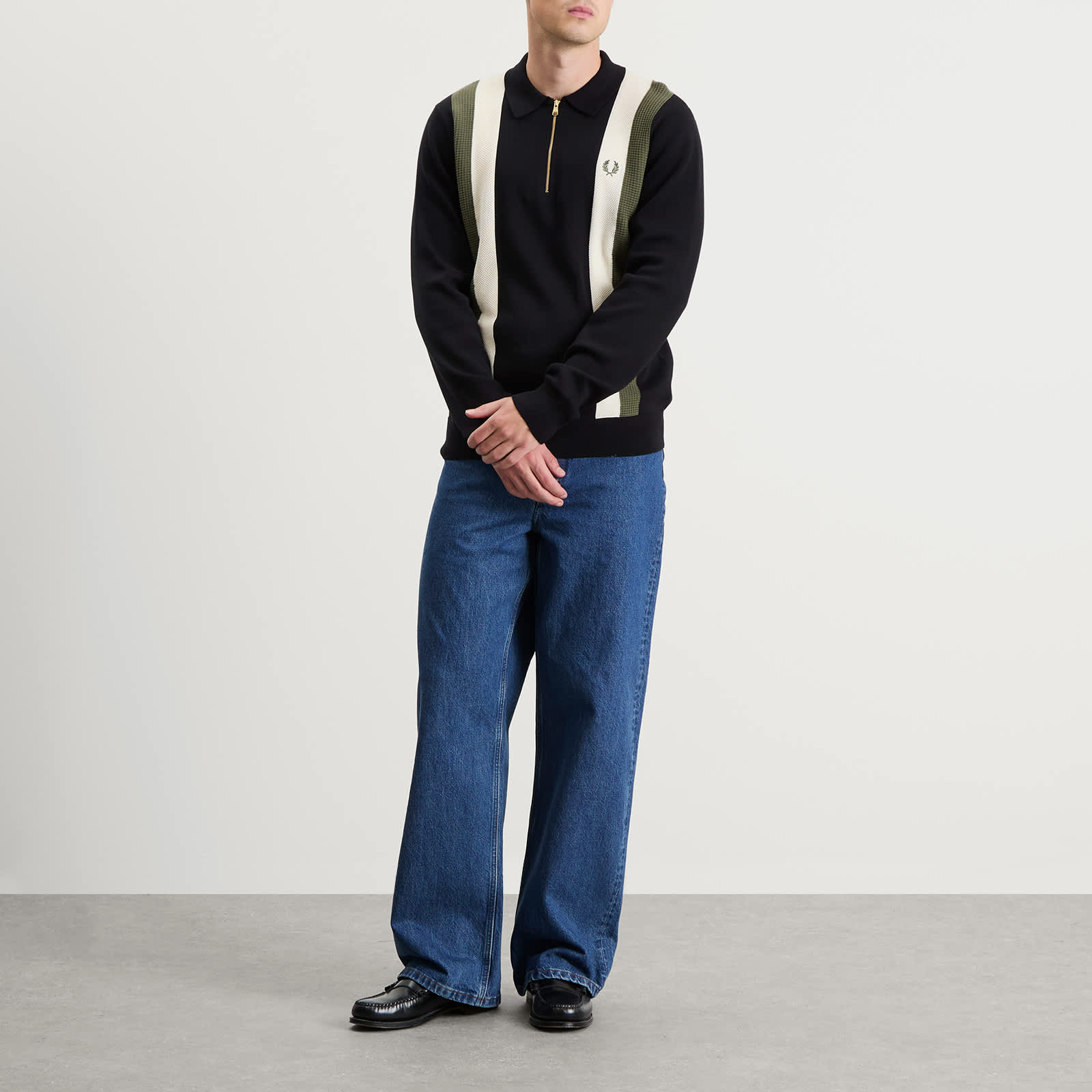 Fred Perry Textured Knitted Long Sleeve Zip Polo Shirt - Black