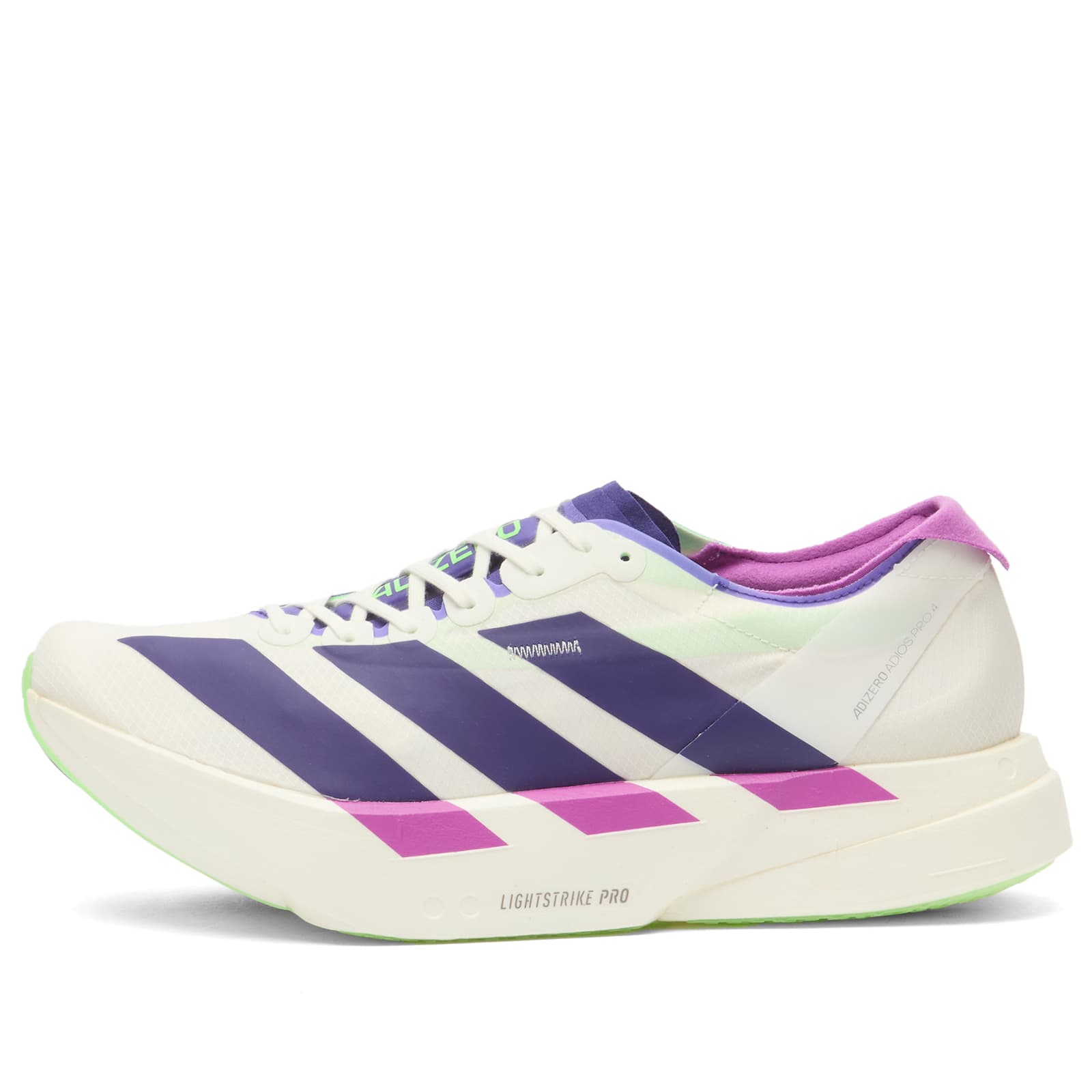 adidas Adizero Adios Pro 4 Sneaker - White, Collegiate Purple & Lime Burst
