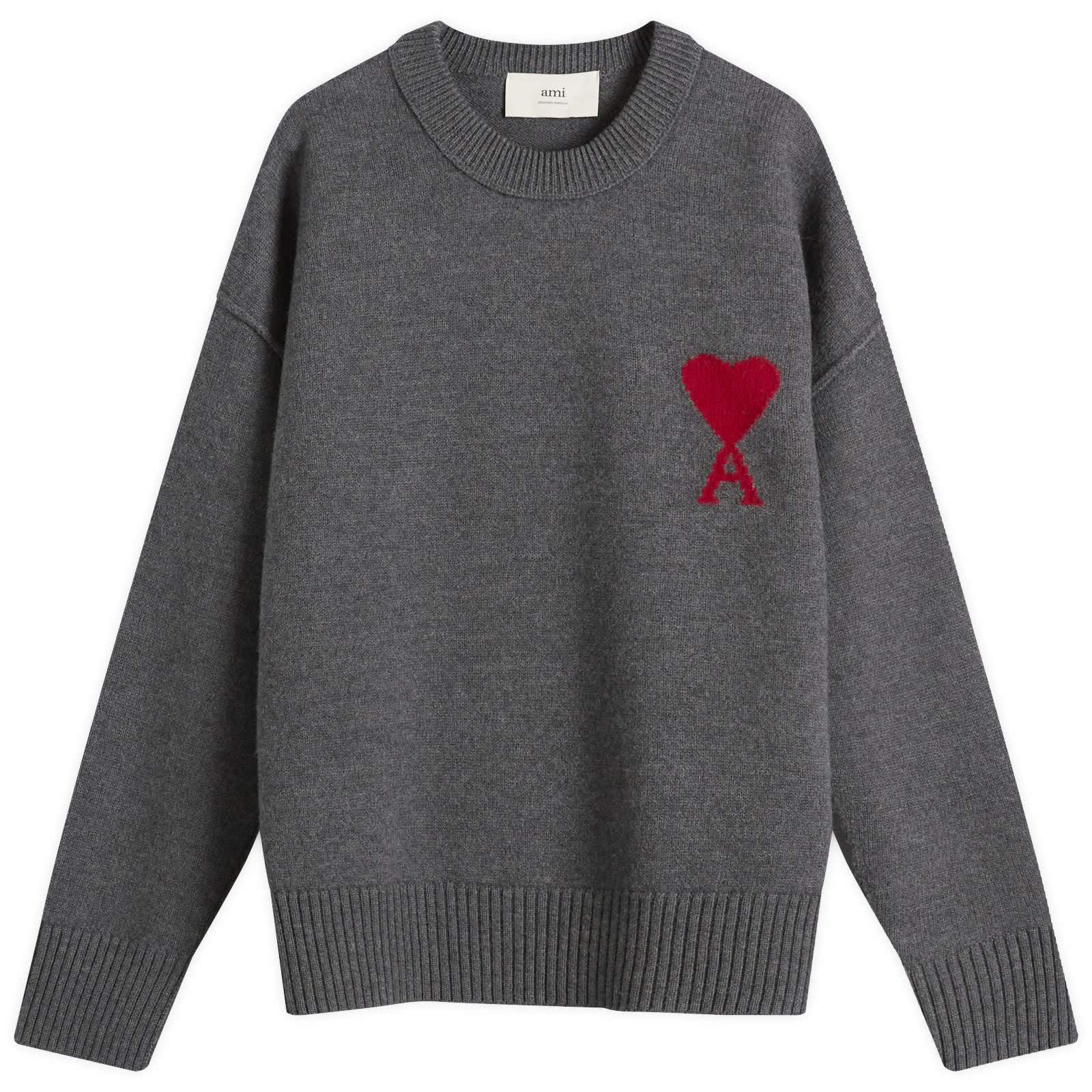 AMI Paris Felted Merino Wool Knit ADC Crew Neck Jumper - Gris Chine / Rouge