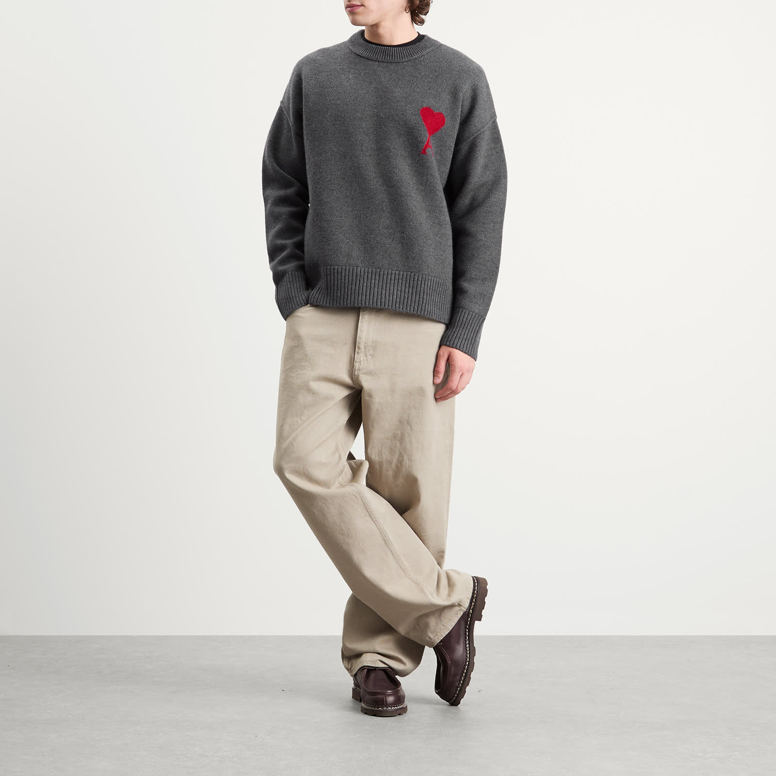 AMI Paris Felted Merino Wool Knit ADC Crew Neck Jumper - Gris Chine / Rouge