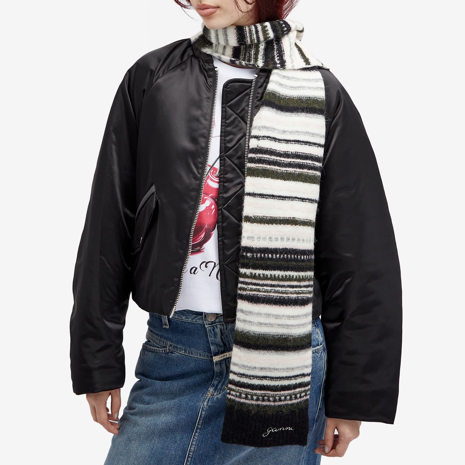 Ganni Striped Soft Wool Scarf - Black