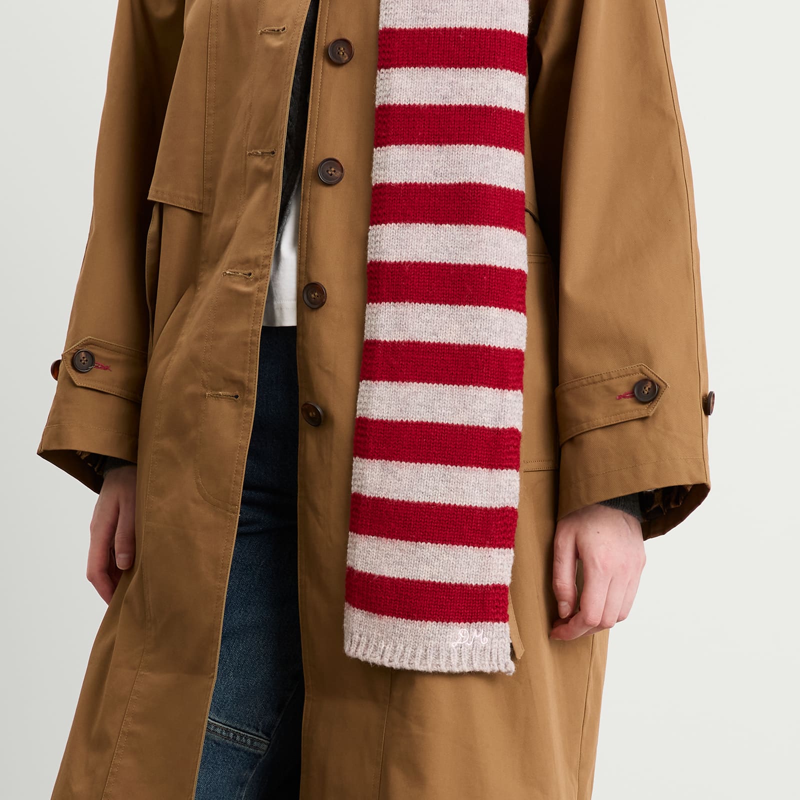 Damson Madder Stripe Skinny Scarf - Burgundy & Grey