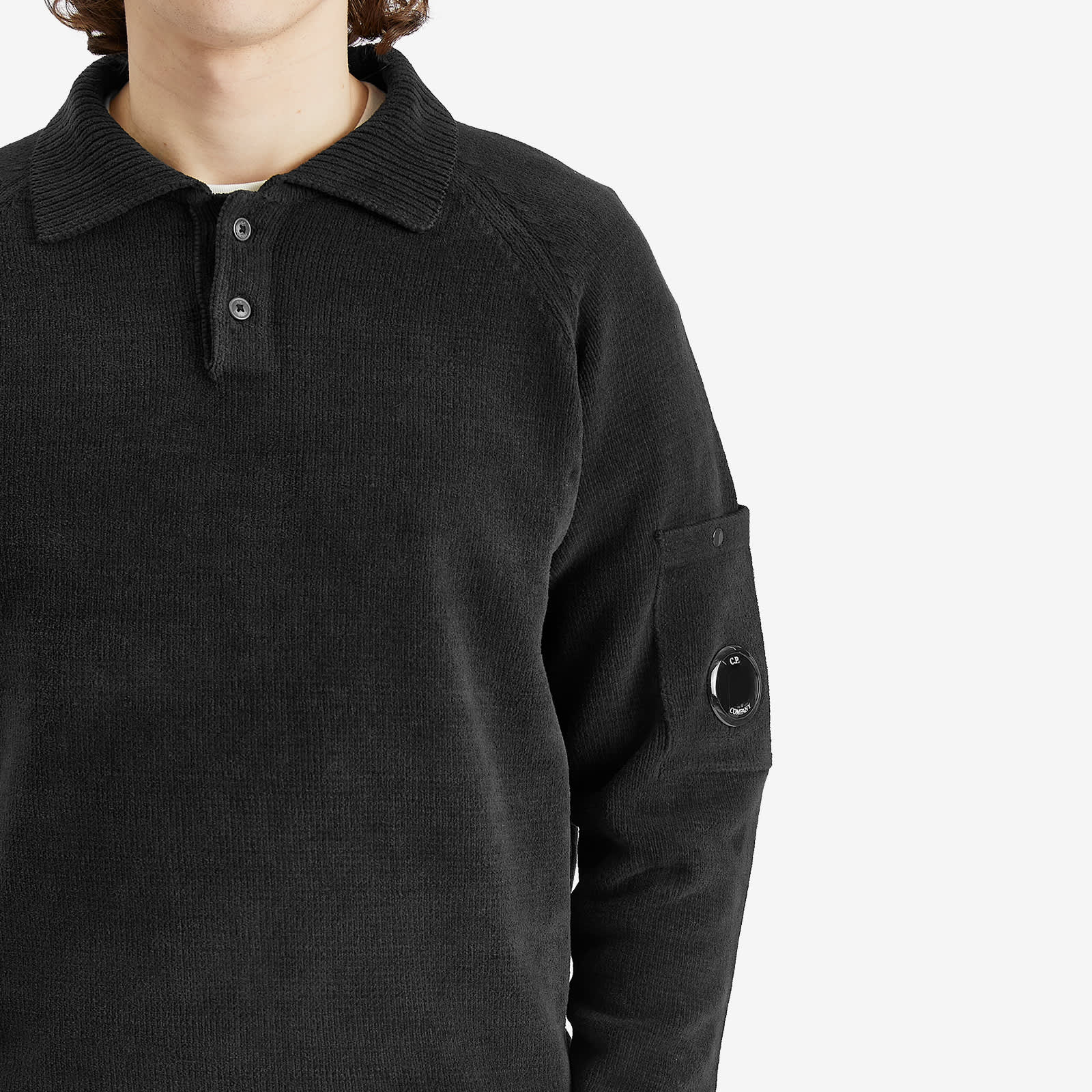 C.P. Company Chenille Cotton Lens Knit Polo - Black
