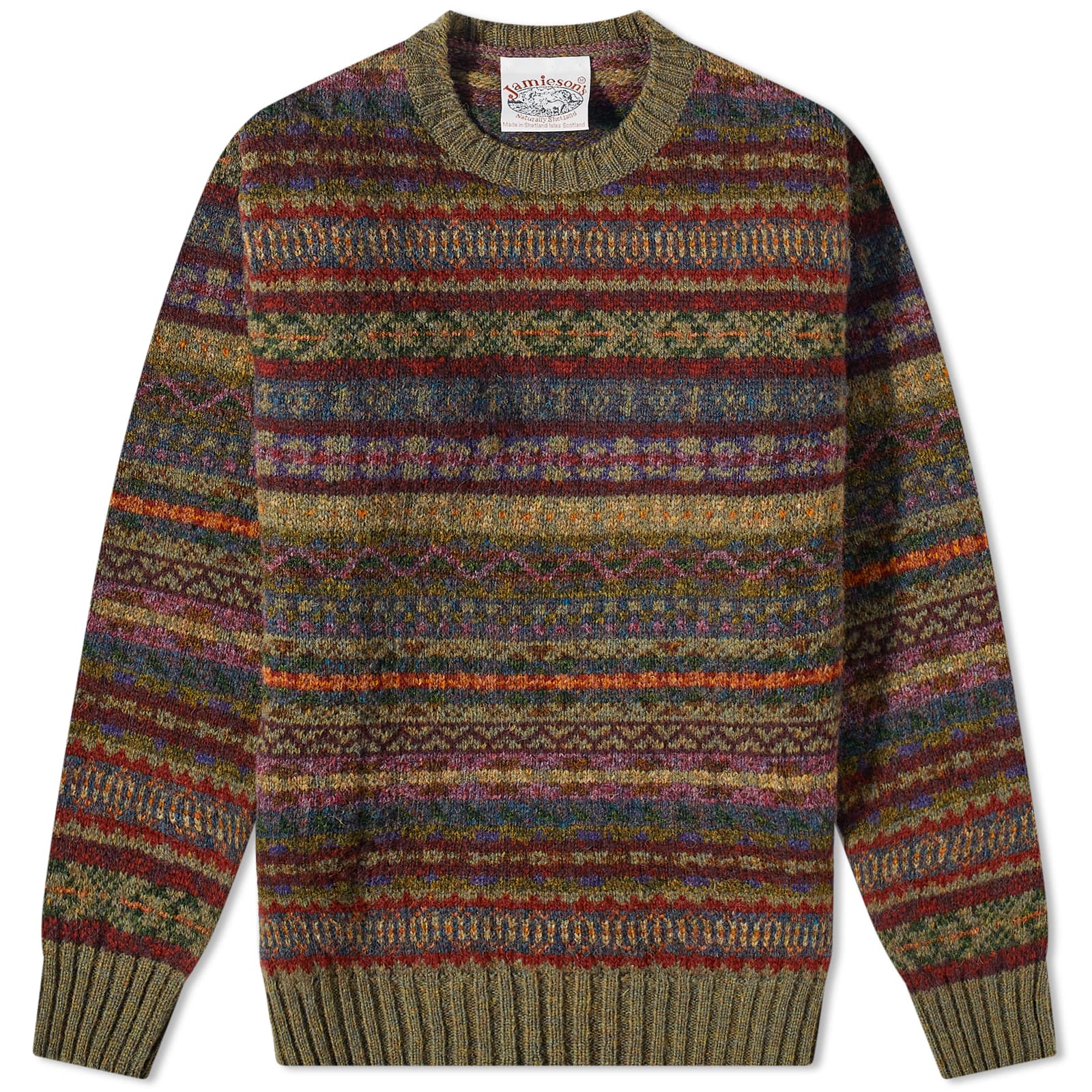Jamieson's of Shetland Fair Isle Crew Knit Seaweed END. (US)