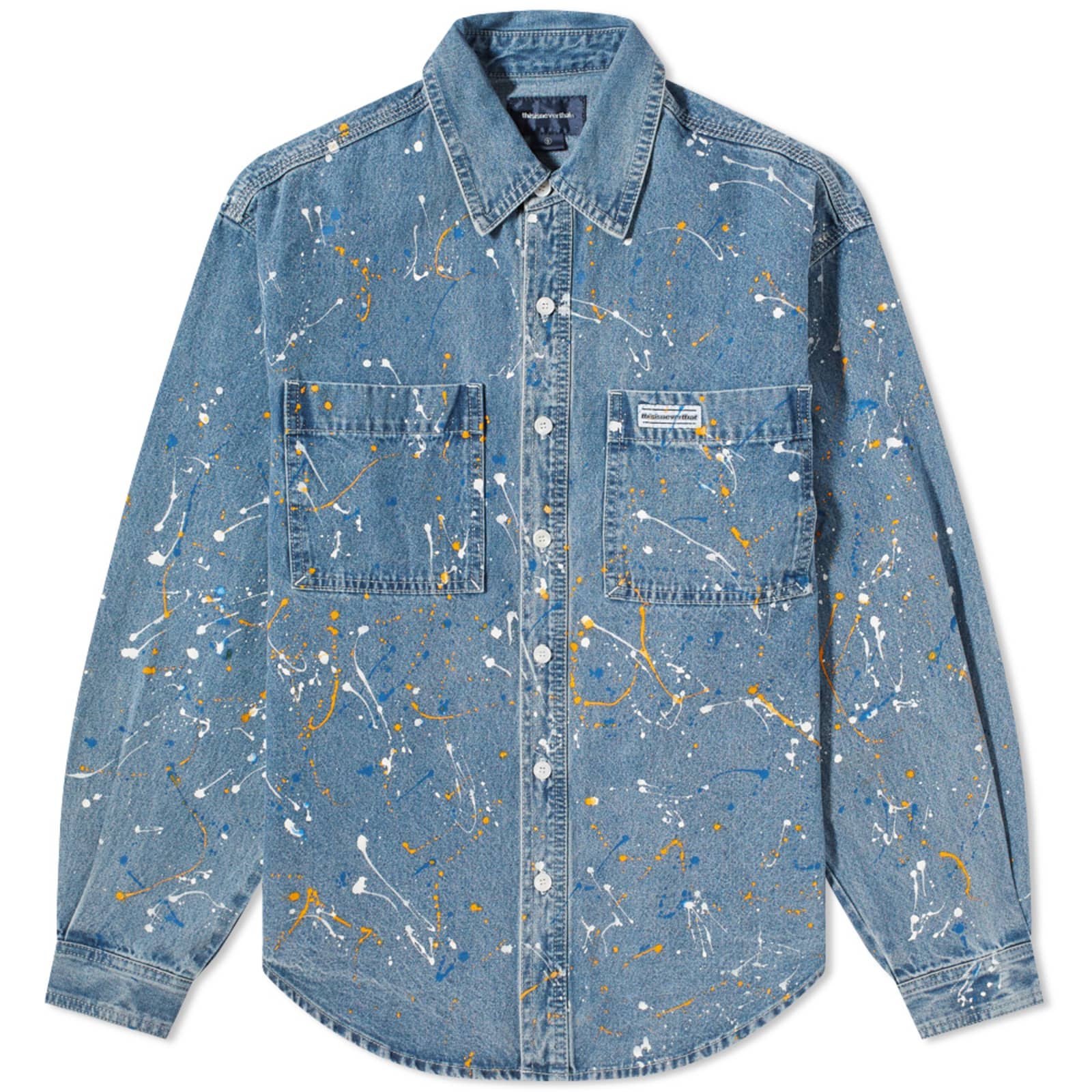thisisneverthat Paint Splatter Denim Shirt Blue END.