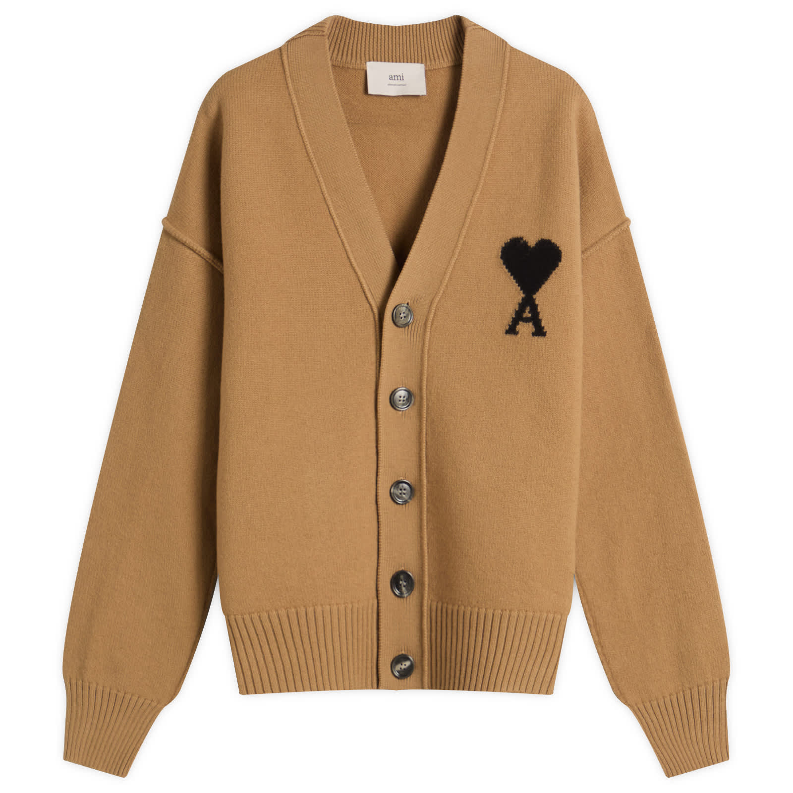AMI Paris Felted Merino Wool Knit ADC Cardigan - Camel/Noir
