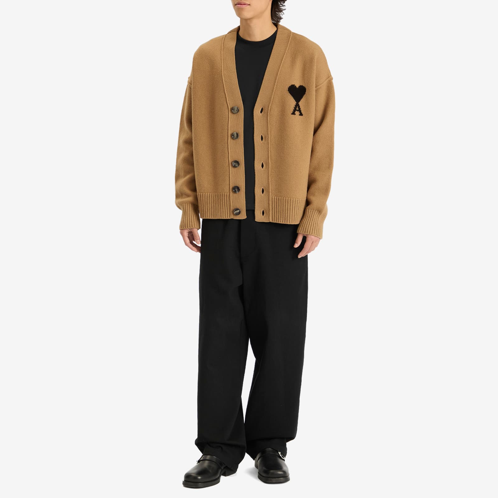 AMI Paris Felted Merino Wool Knit ADC Cardigan - Camel/Noir