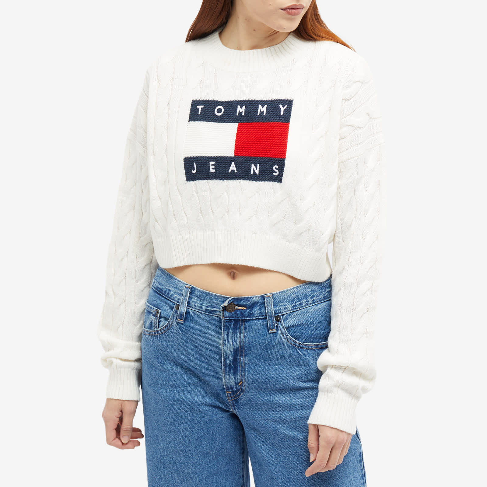 Tommy Jeans Boxy Flag Logo Cable Knit Jumper Ancient White END.