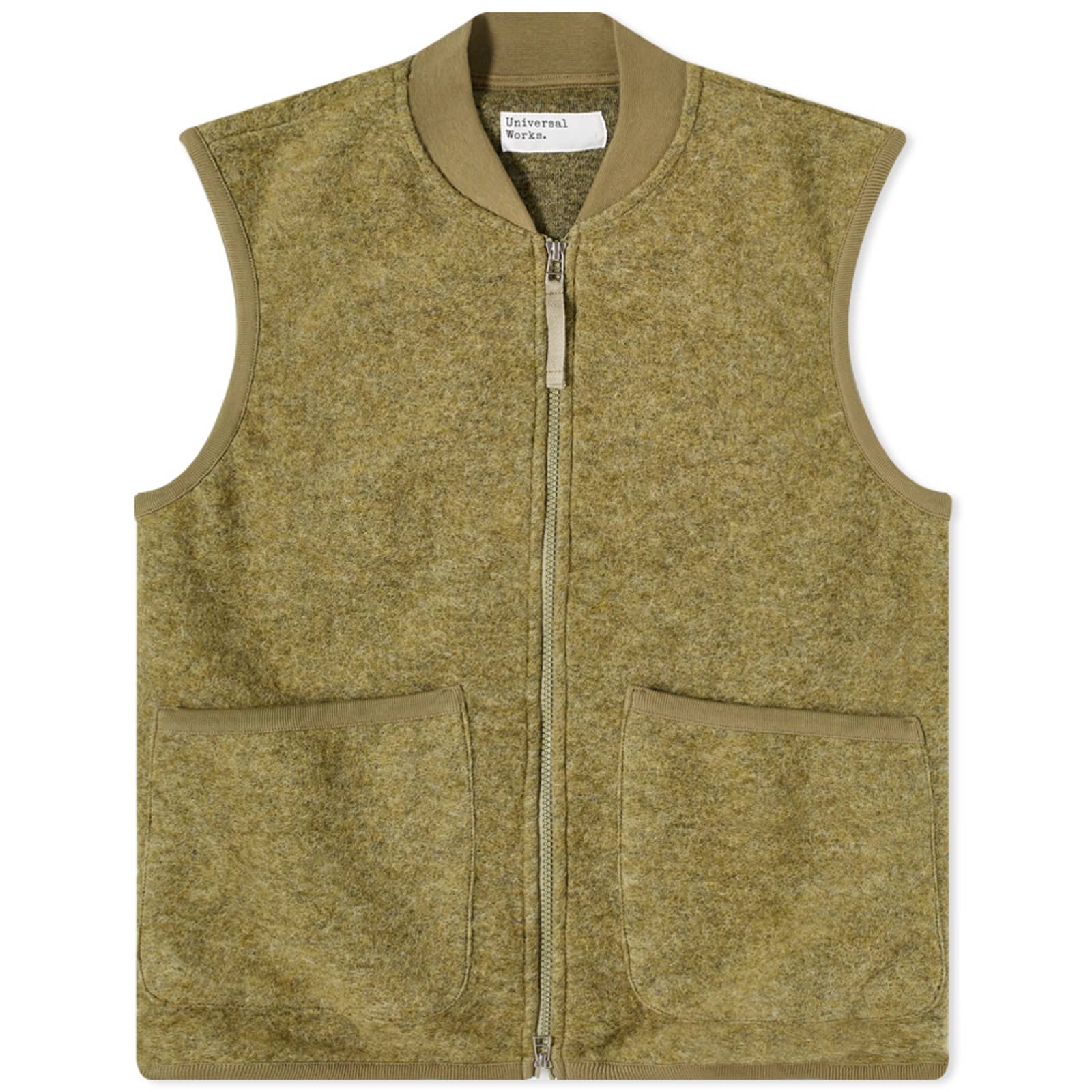 Universal Works Zip Wool Fleece Waistcoat Light Olive END.
