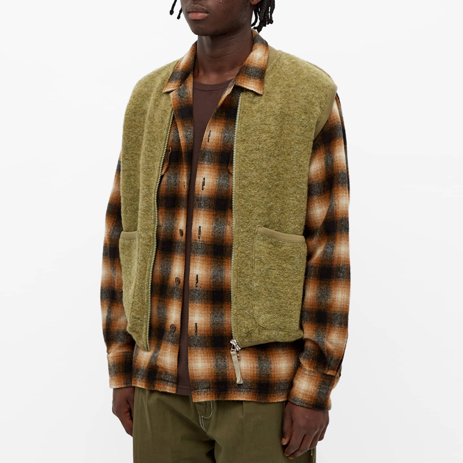 Universal Works Zip Wool Fleece Waistcoat Light Olive END.