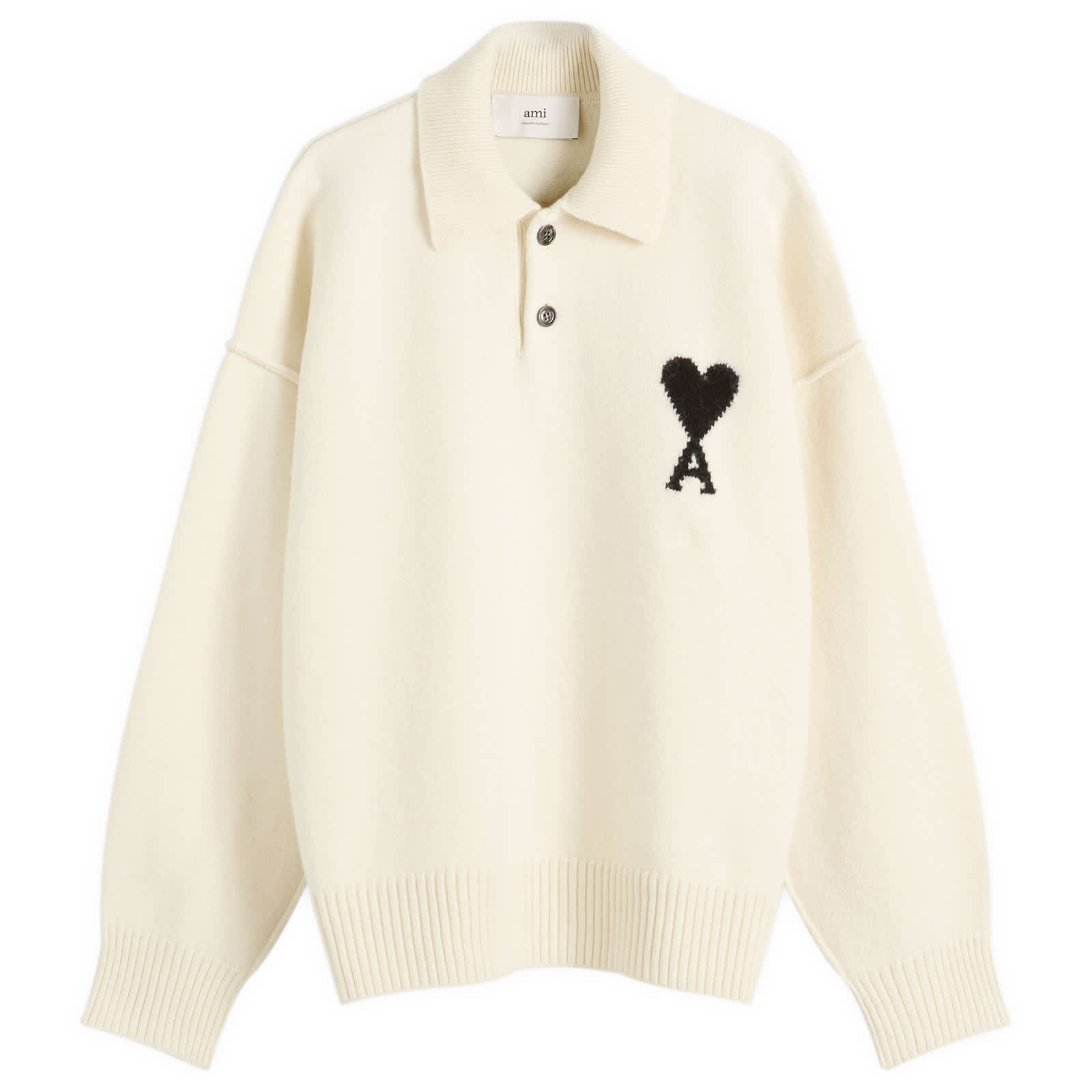 AMI Paris Felted Merino Wool Knit ADC Polo - Ecru/Noir