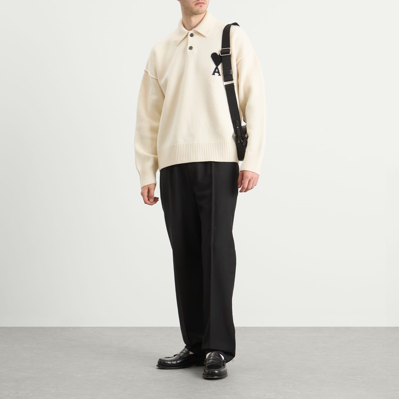 AMI Paris Felted Merino Wool Knit ADC Polo - Ecru/Noir