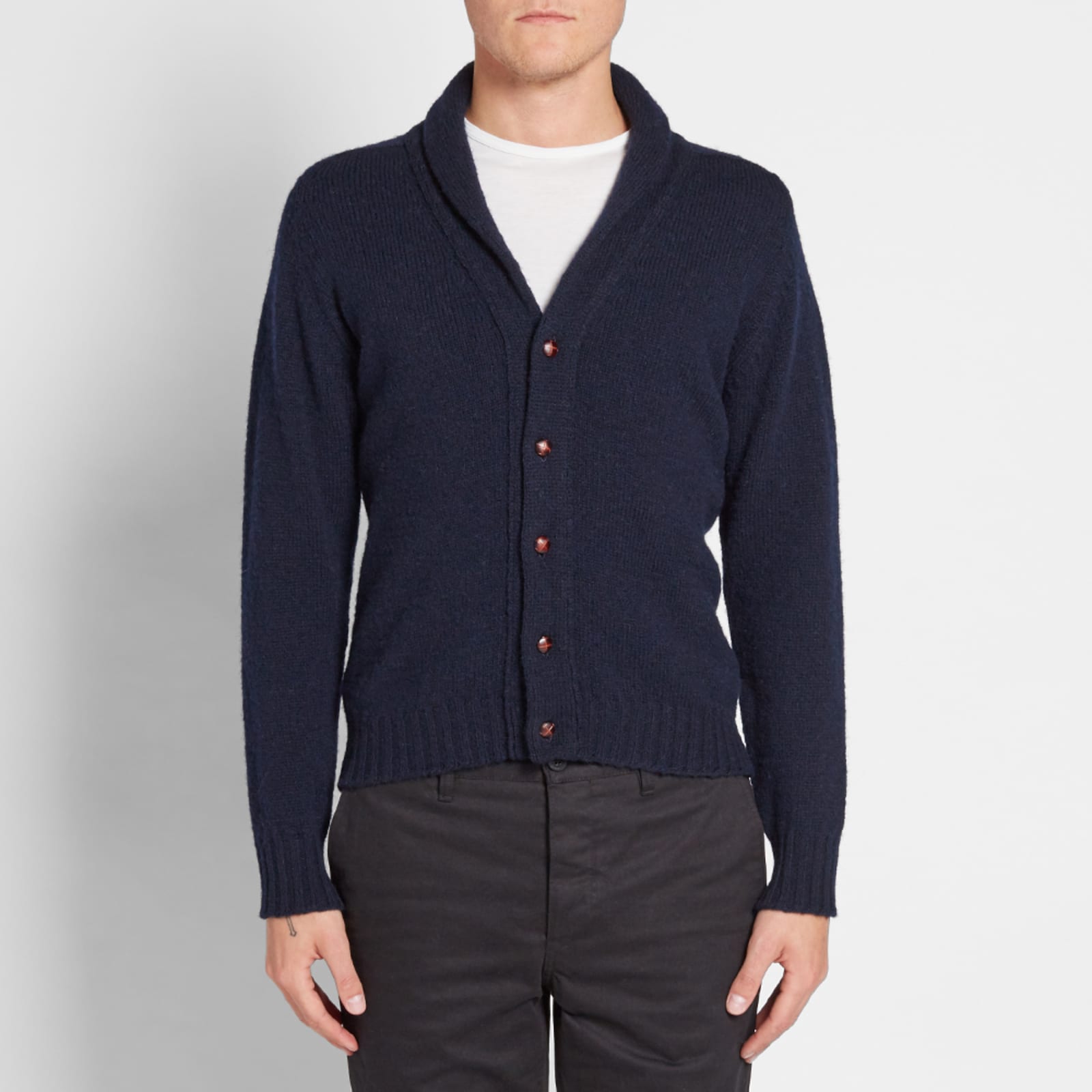 Jamieson's of Shetland Elbow Patch Shawl Collar Cardigan Dark Navy