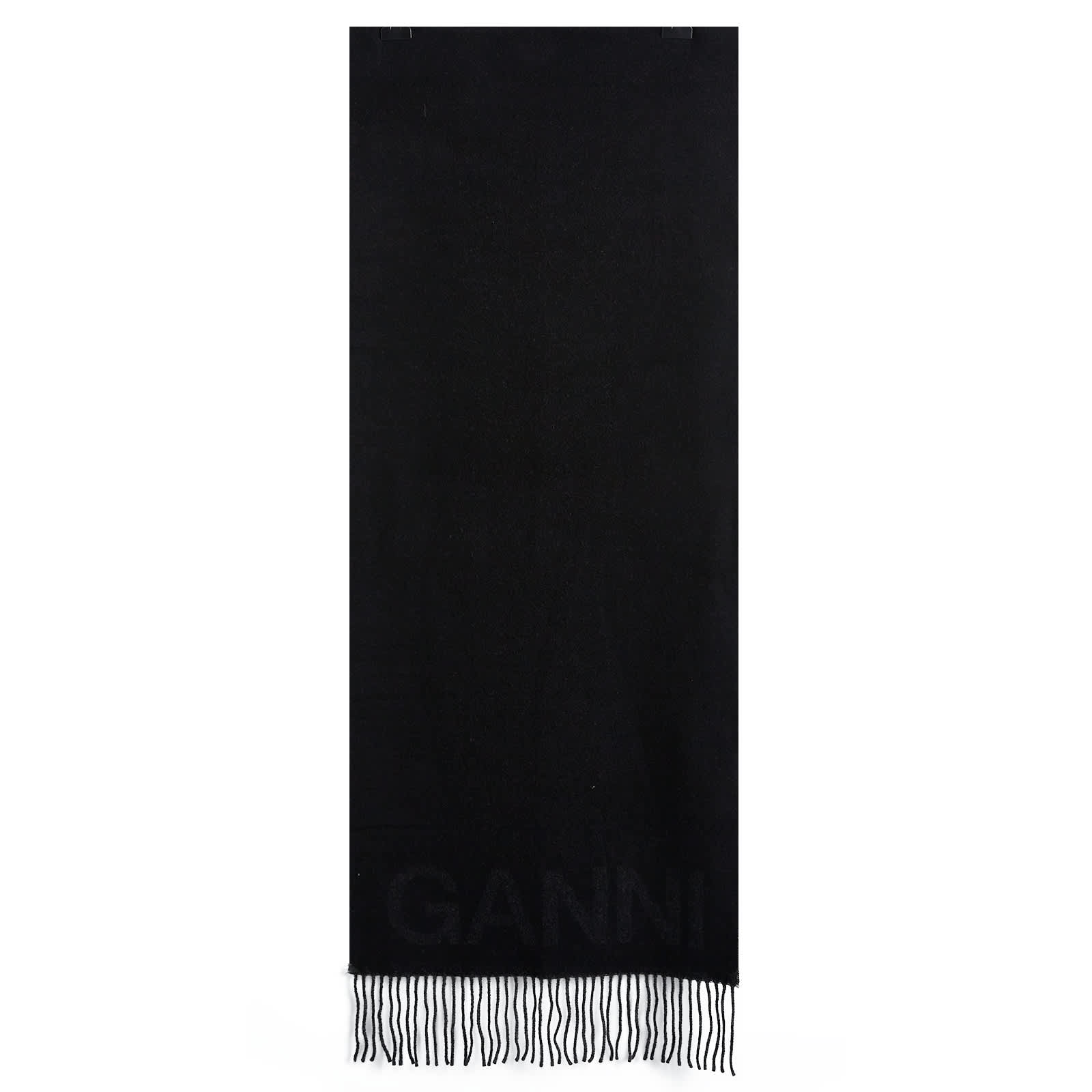 GANNI Fringed Wool Scarf - Black