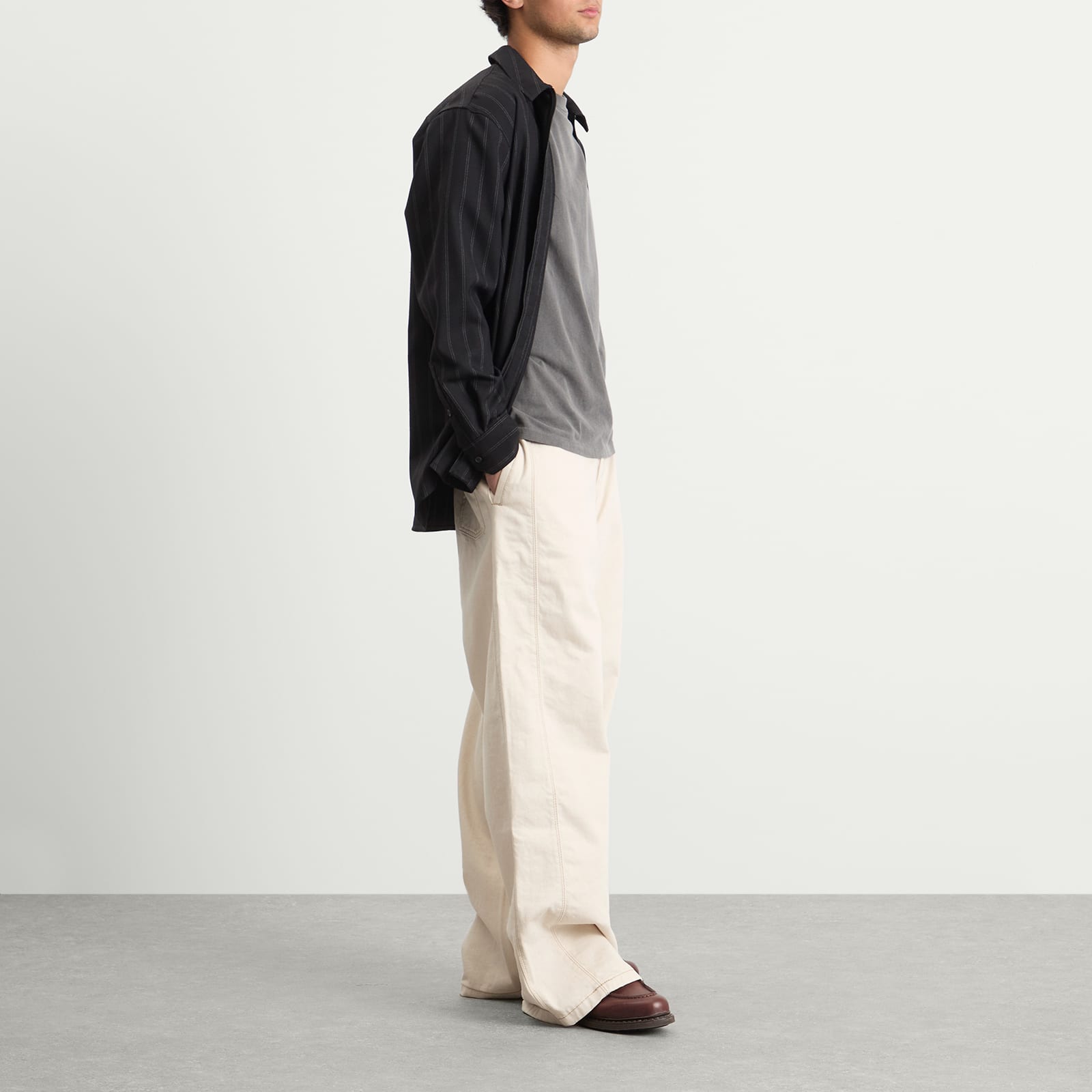 AMI Paris Off-White Cotton Twill Wide Fit Trousers - Ecru