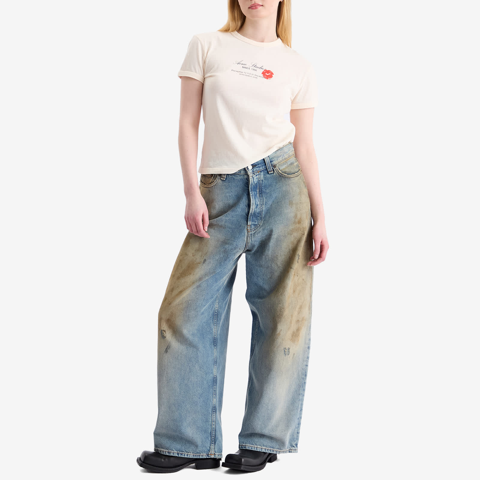 Acne Studios Etza Kiss Business Card Logo Shrunken T-Shirt - Pearl Grey
