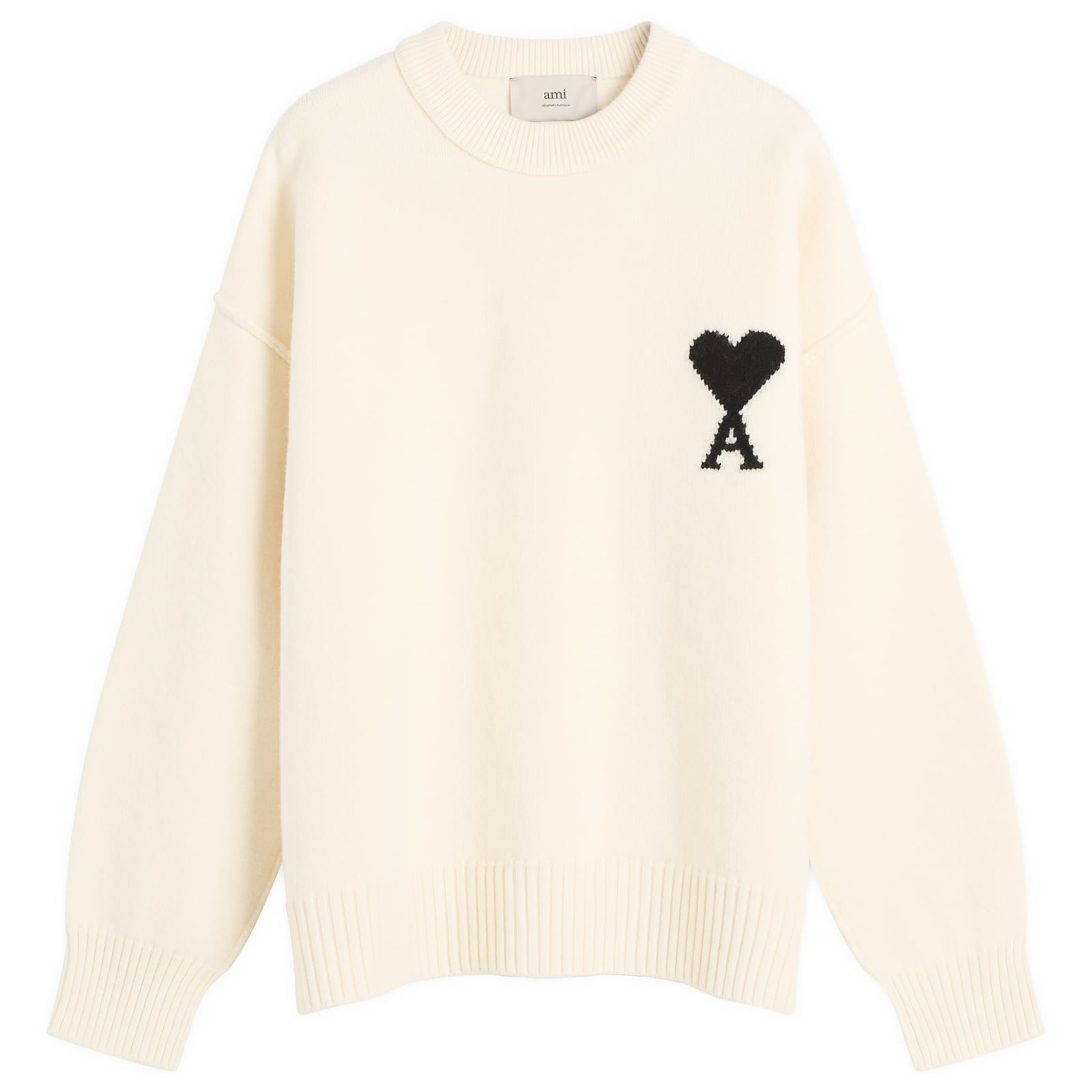AMI Paris Felted Merino Wool Knit ADC Crew Neck Jumper - Ecru/Noir