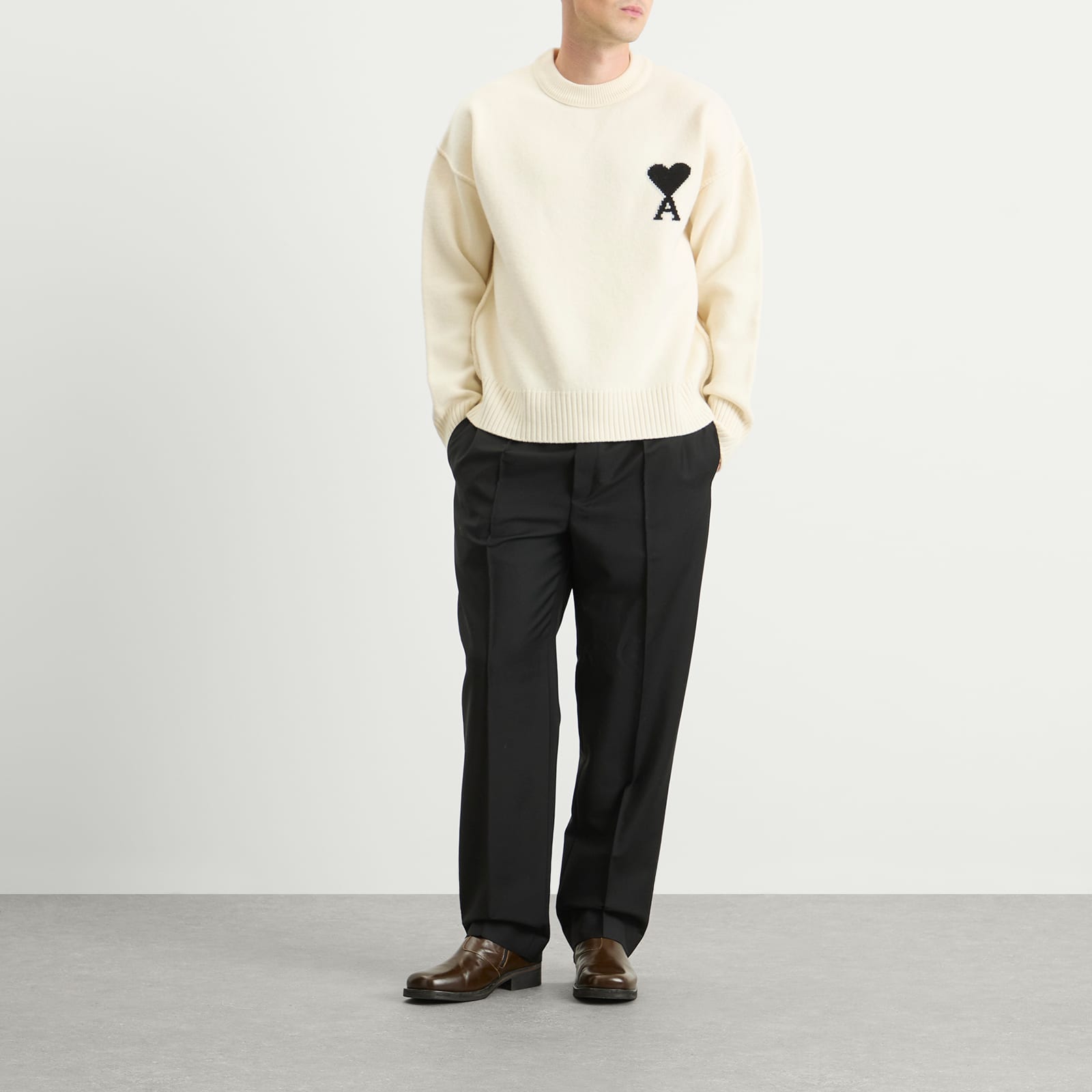 AMI Paris Felted Merino Wool Knit ADC Crew Neck Jumper - Ecru/Noir