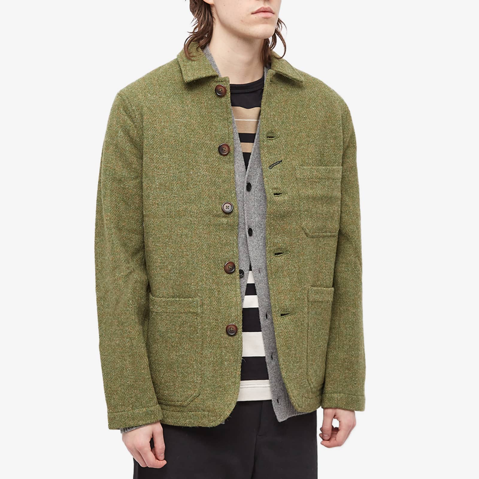 Universal Works Harris Tweed Bakers Chore Jacket Olive END. (HK)