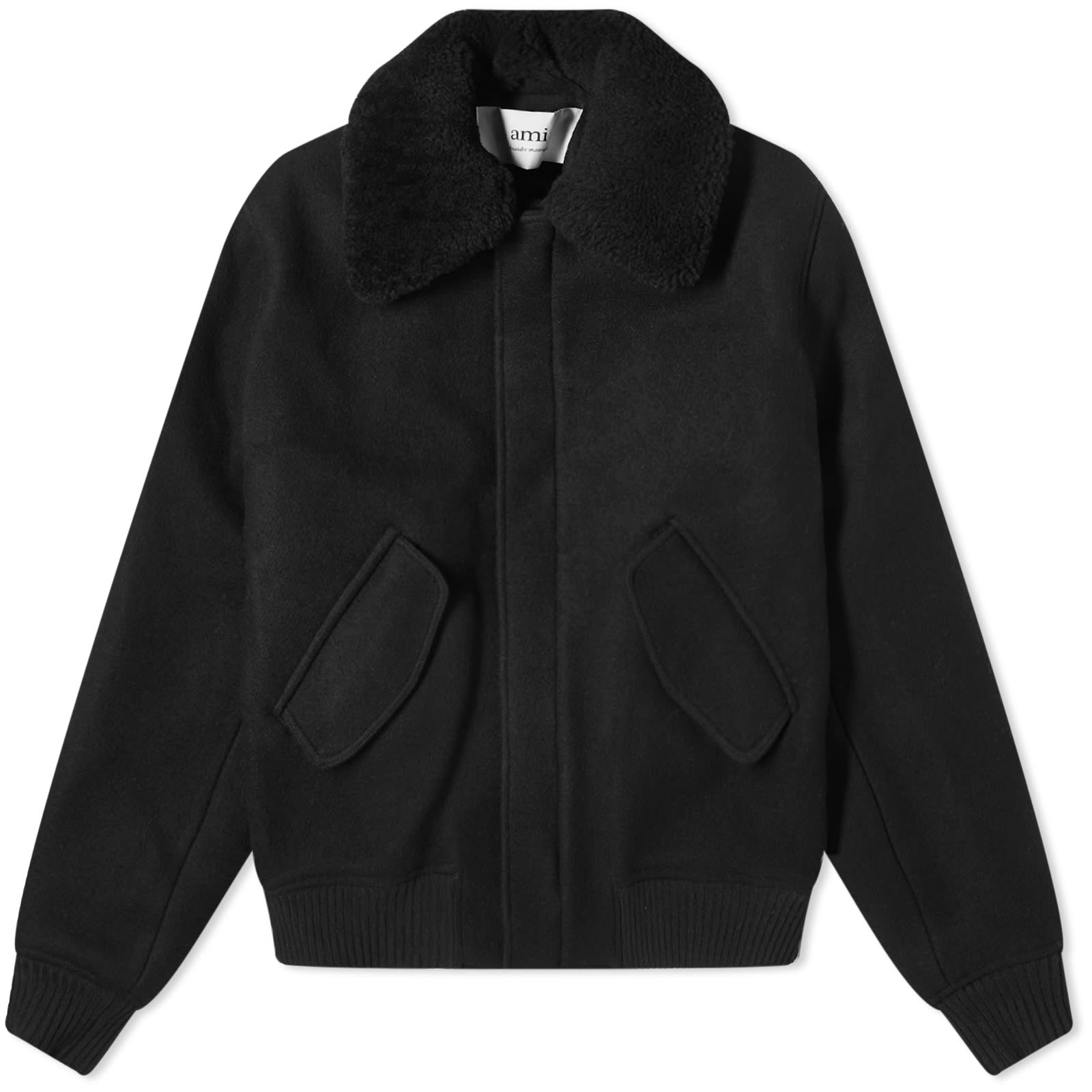AMI Paris Shearling Collar Wool Jacket Black END.