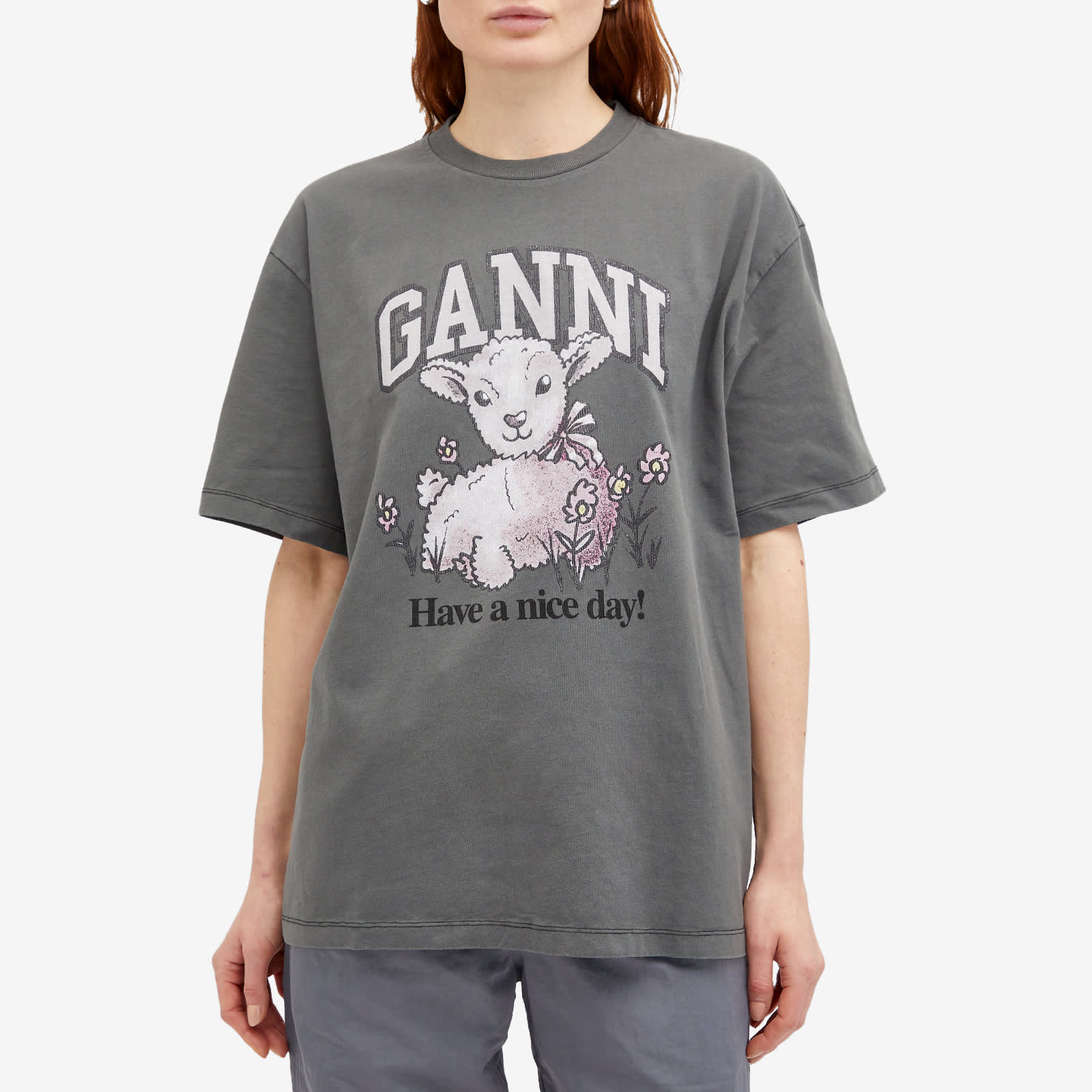 GANNI Lamb Short Sleeve T-Shirt Volcanic Ash | END. (GB)